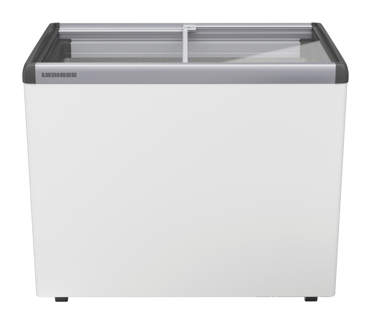 Ein weißer Liebherr-Kühlschrank mit Glastür oben und grauem Rahmen.