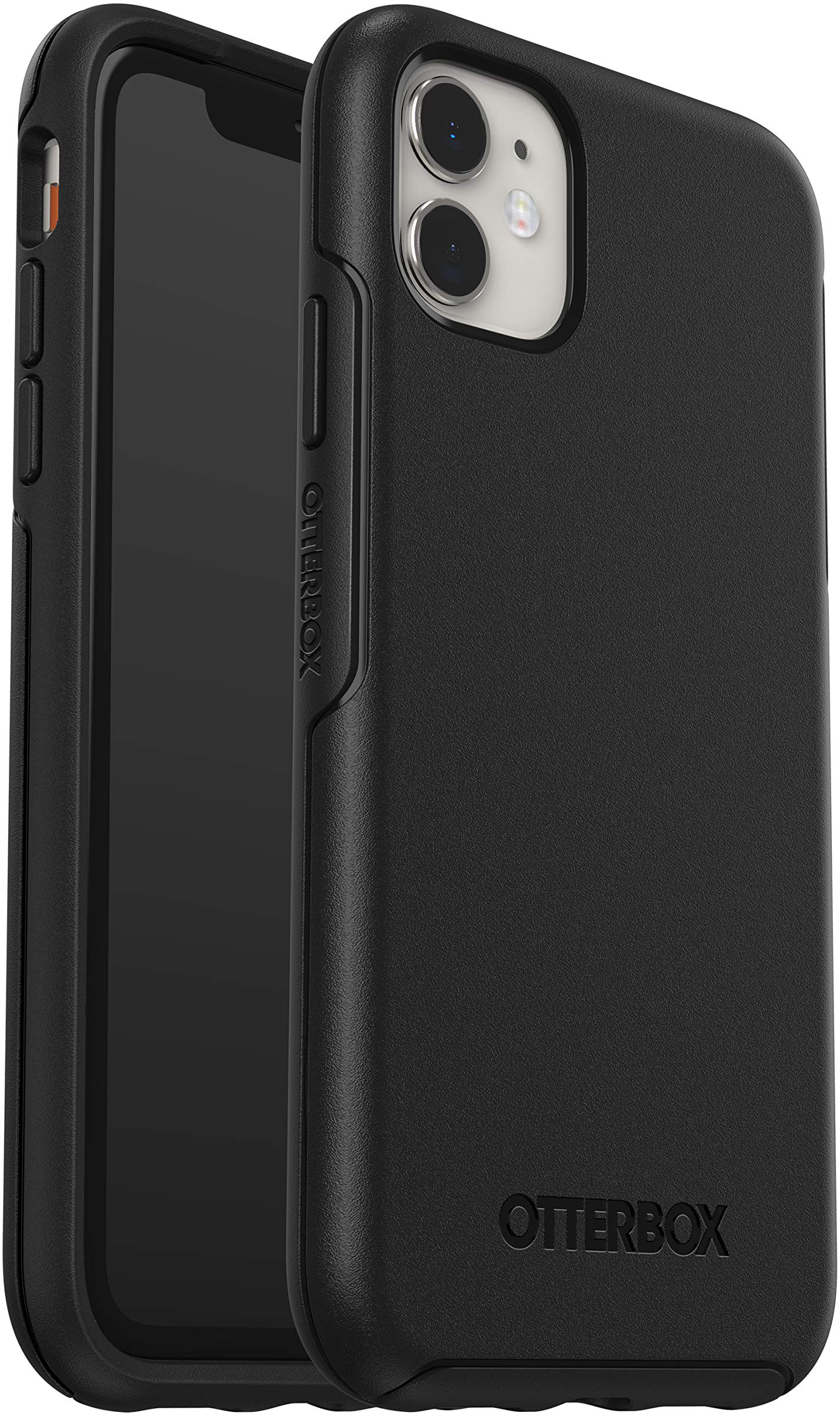 Coque de téléphone noire avec la marque Otterbox, protégeant un téléphone. Vue latérale.