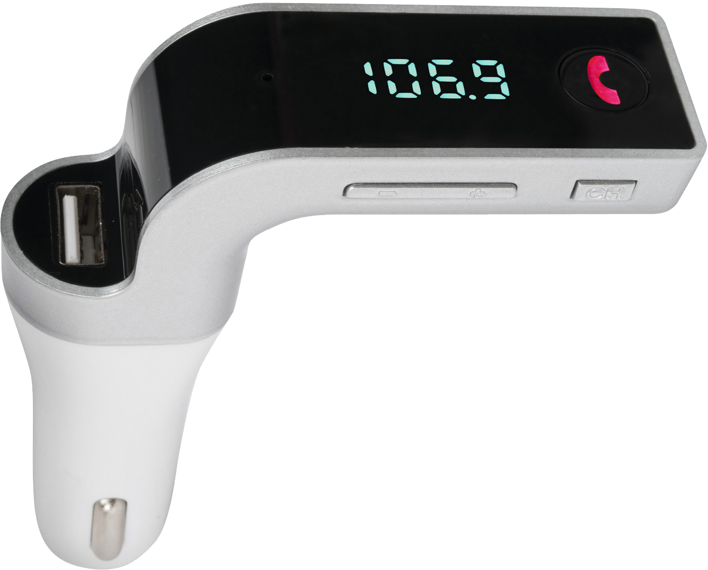 Ezüst autós töltő USB porttal, számot mutató kijelzővel és piros telefon ikonnal.