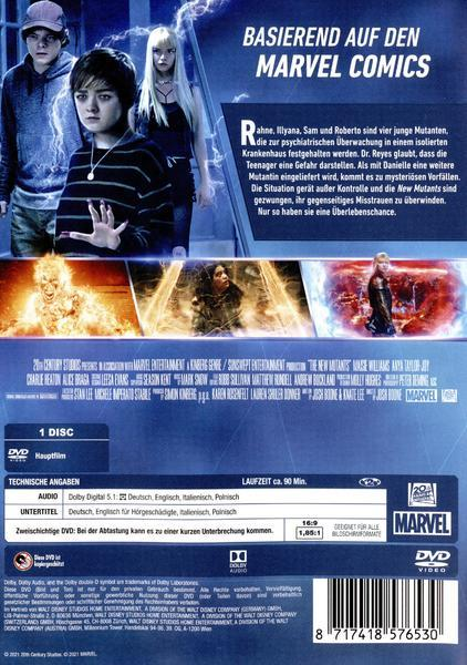 Rückseite der DVD-Hülle von 'The New Mutants' mit Film-Cast und Synopsis auf Deutsch.
