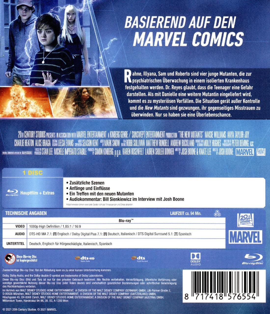 Rückseite einer Blu-ray Disc für den Film 'The New Mutants'. Text und Bilder auf blauem Hintergrund.
