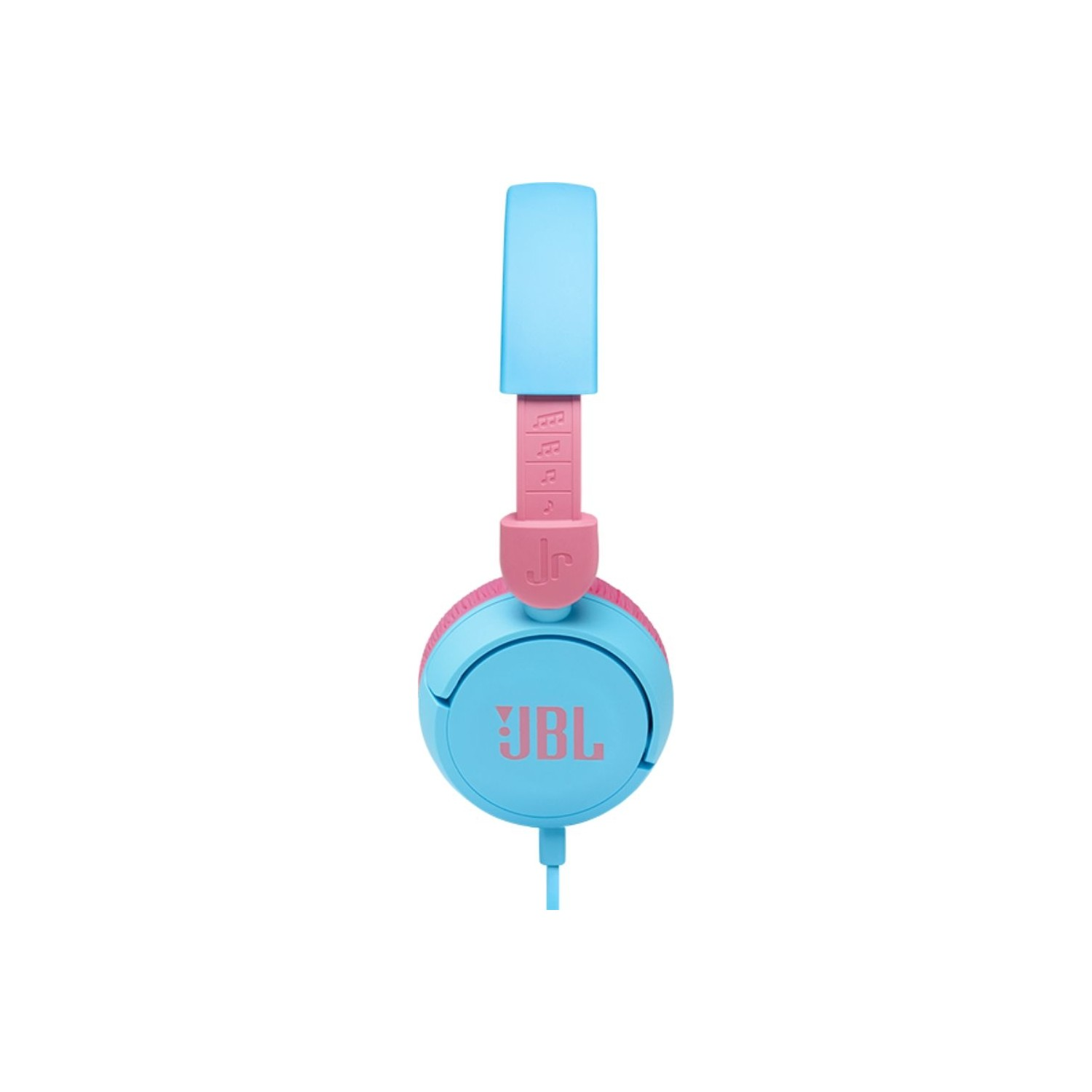Önden görünüşüyle mavi ve pembe JBL kulaklık.