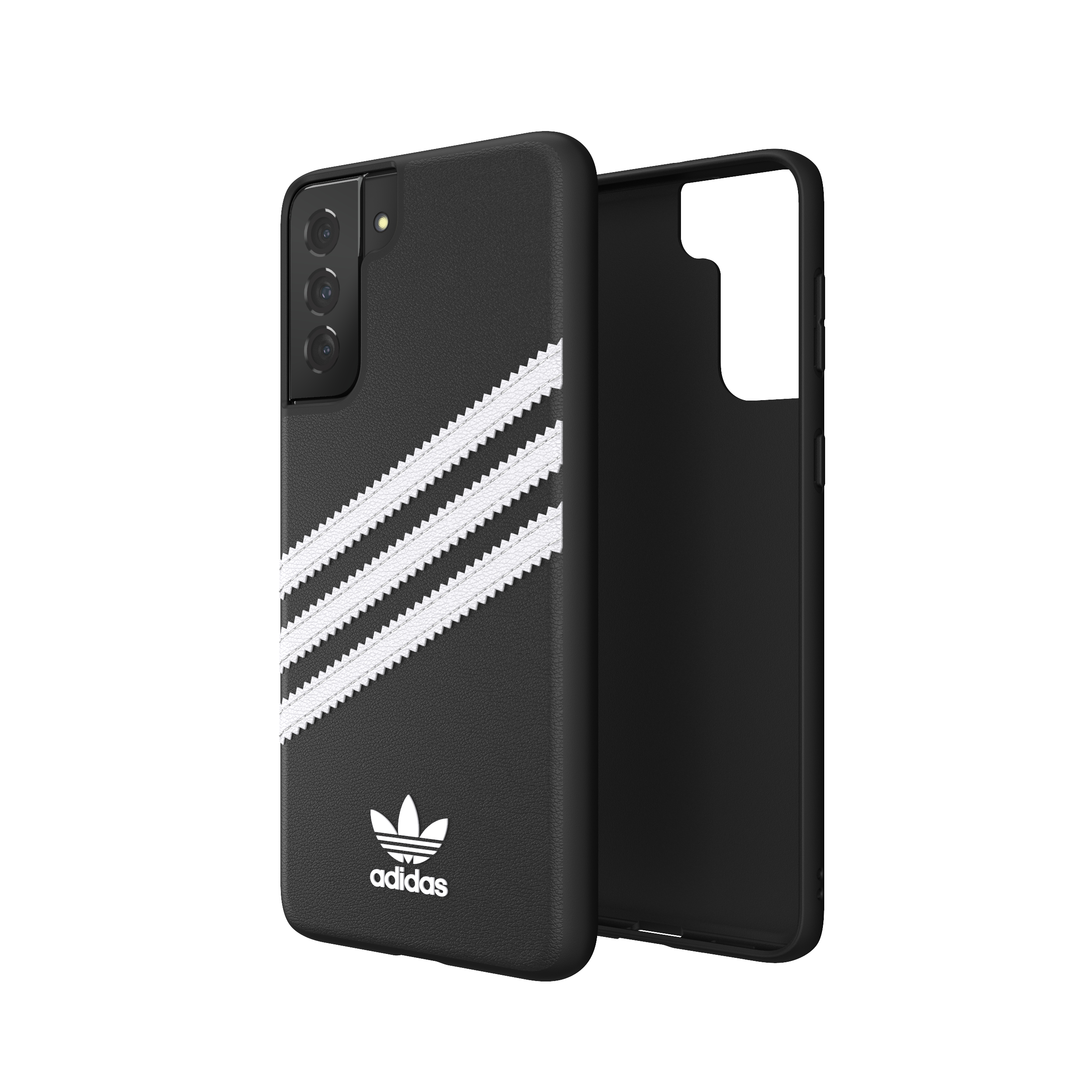 Schwarze Handyhülle mit Adidas-Streifen und eine getrennte schwarze Hülle.