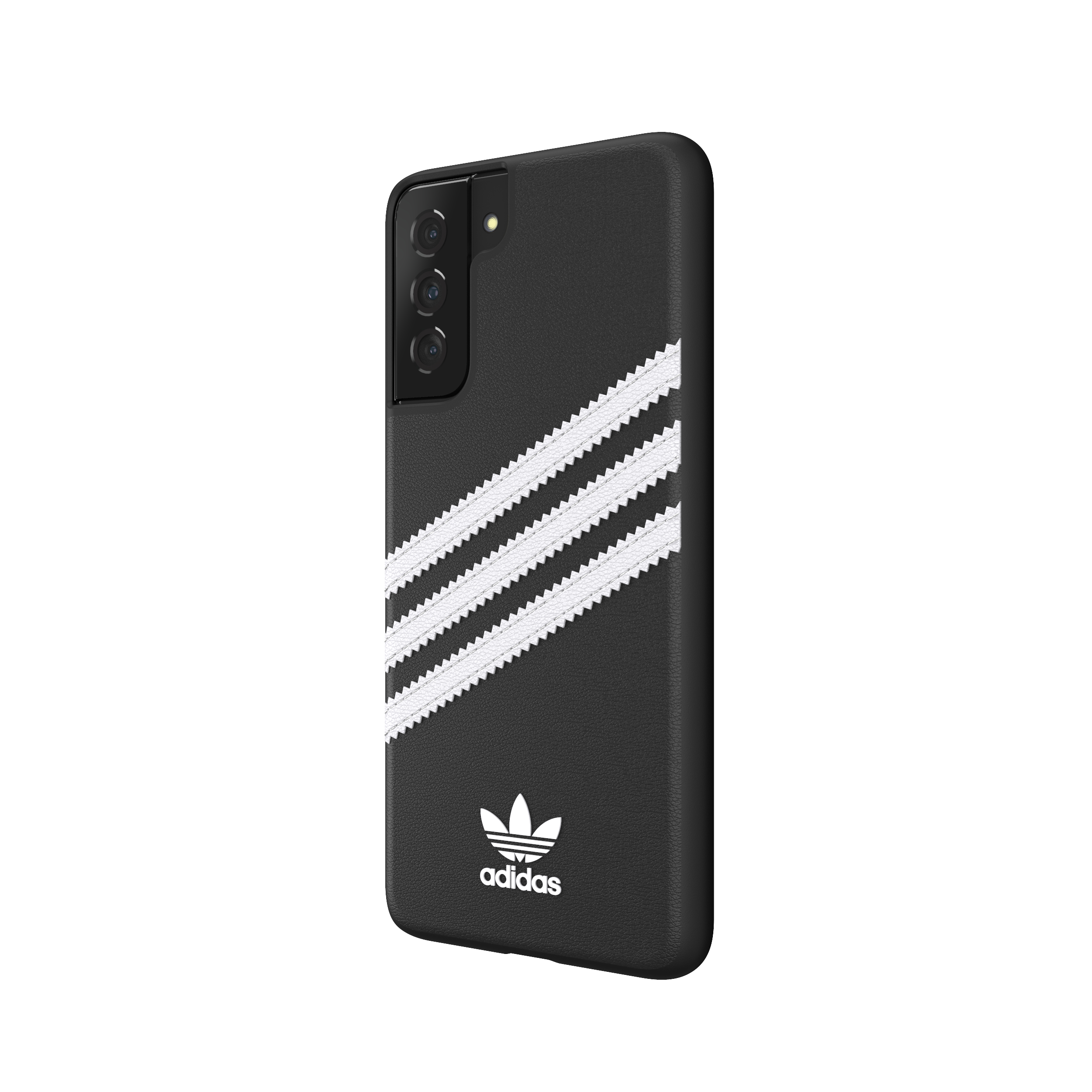 Schwarze Smartphone-Hülle mit Adidas-Logo mit drei Streifen auf der Rückseite. Weißer Hintergrund.