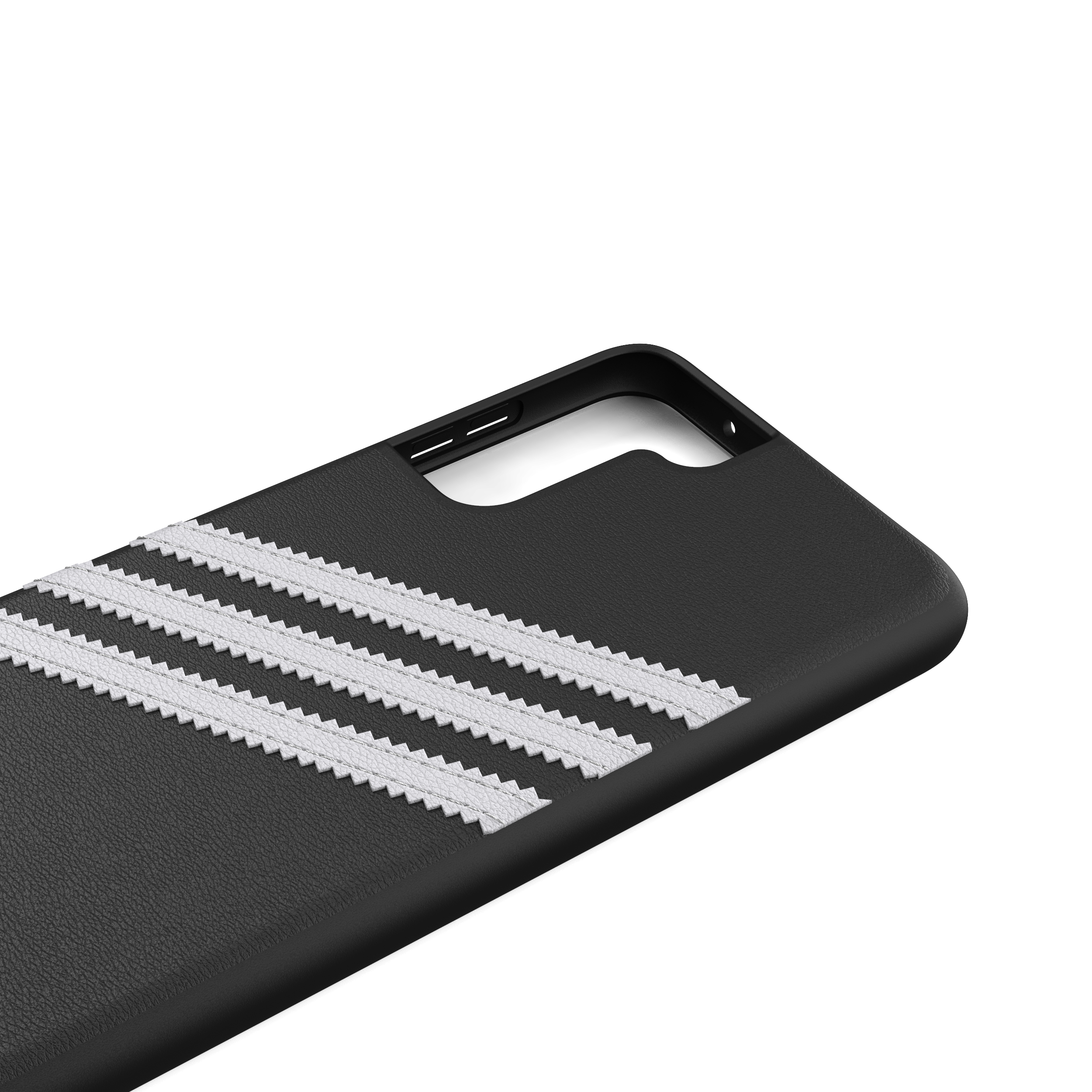 Nahaufnahme einer Handyhülle mit Adidas-Streifen. Die Hülle ist schwarz mit weißen Streifen.