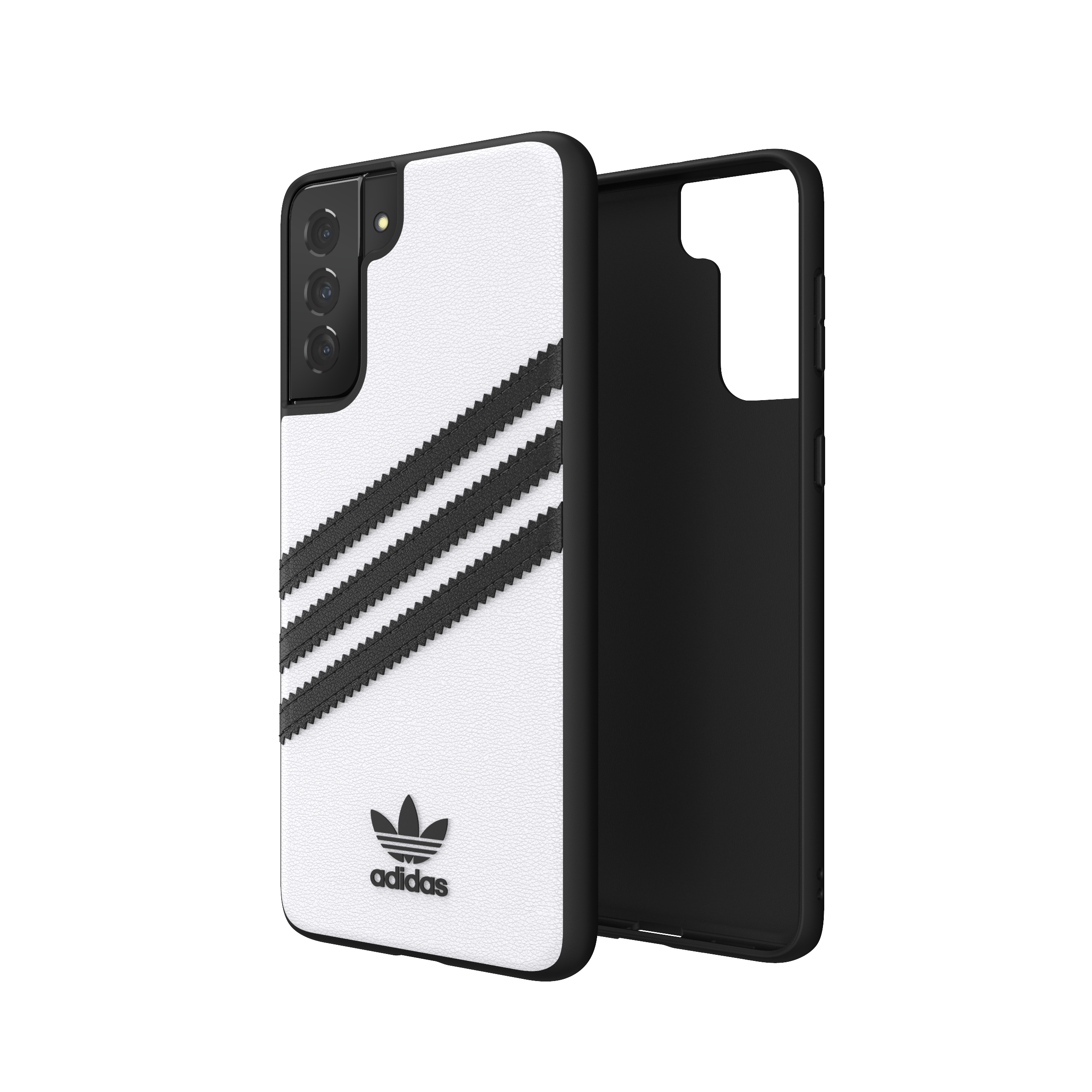 Eine weiße Handyhülle mit Adidas-Streifen und Logo. Die Hülle befindet sich auf einem schwarzen Telefon.