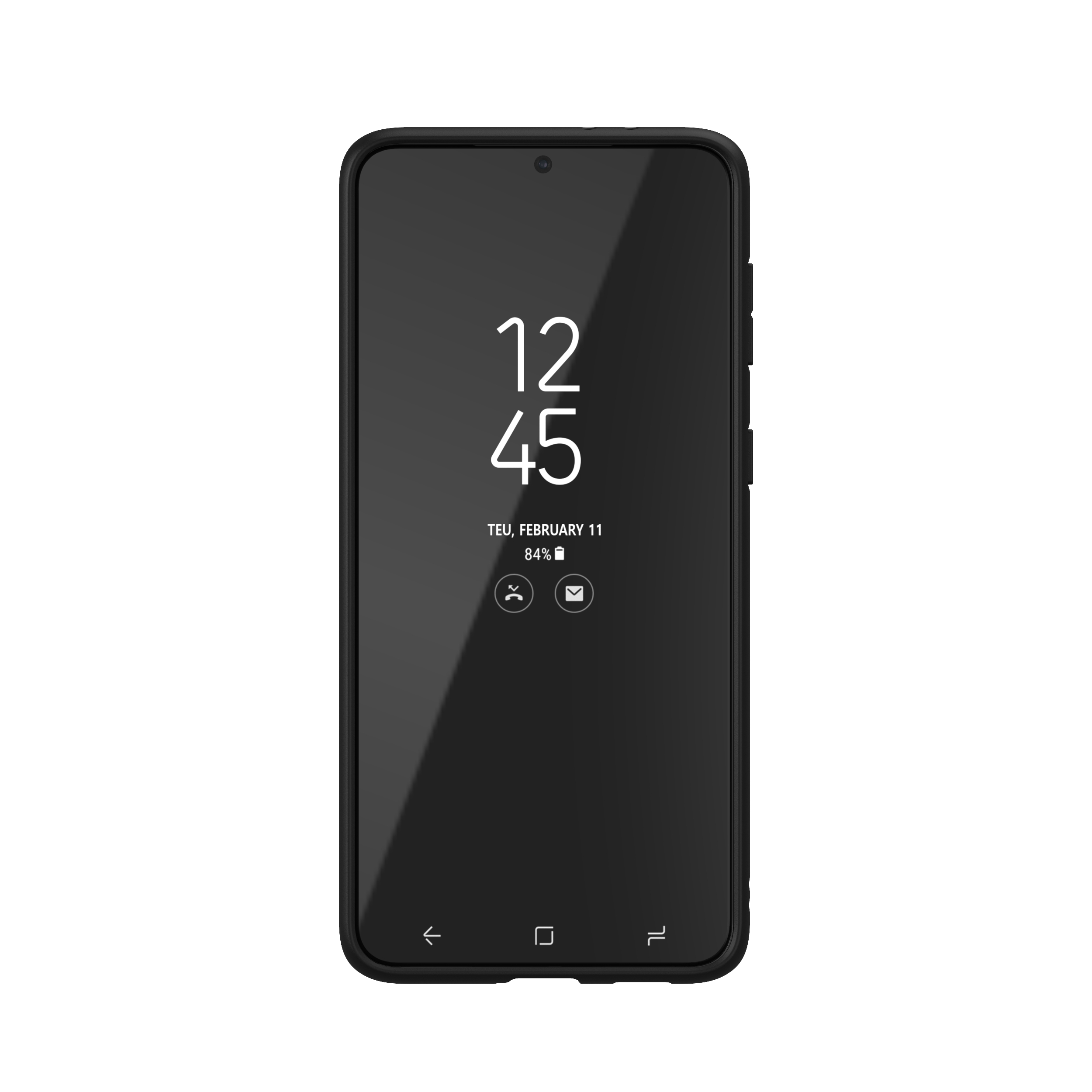 Ein schwarzes Smartphone mit einer schwarzen Schutzhülle. Der Bildschirm zeigt Uhrzeit, Datum und Akkustand.