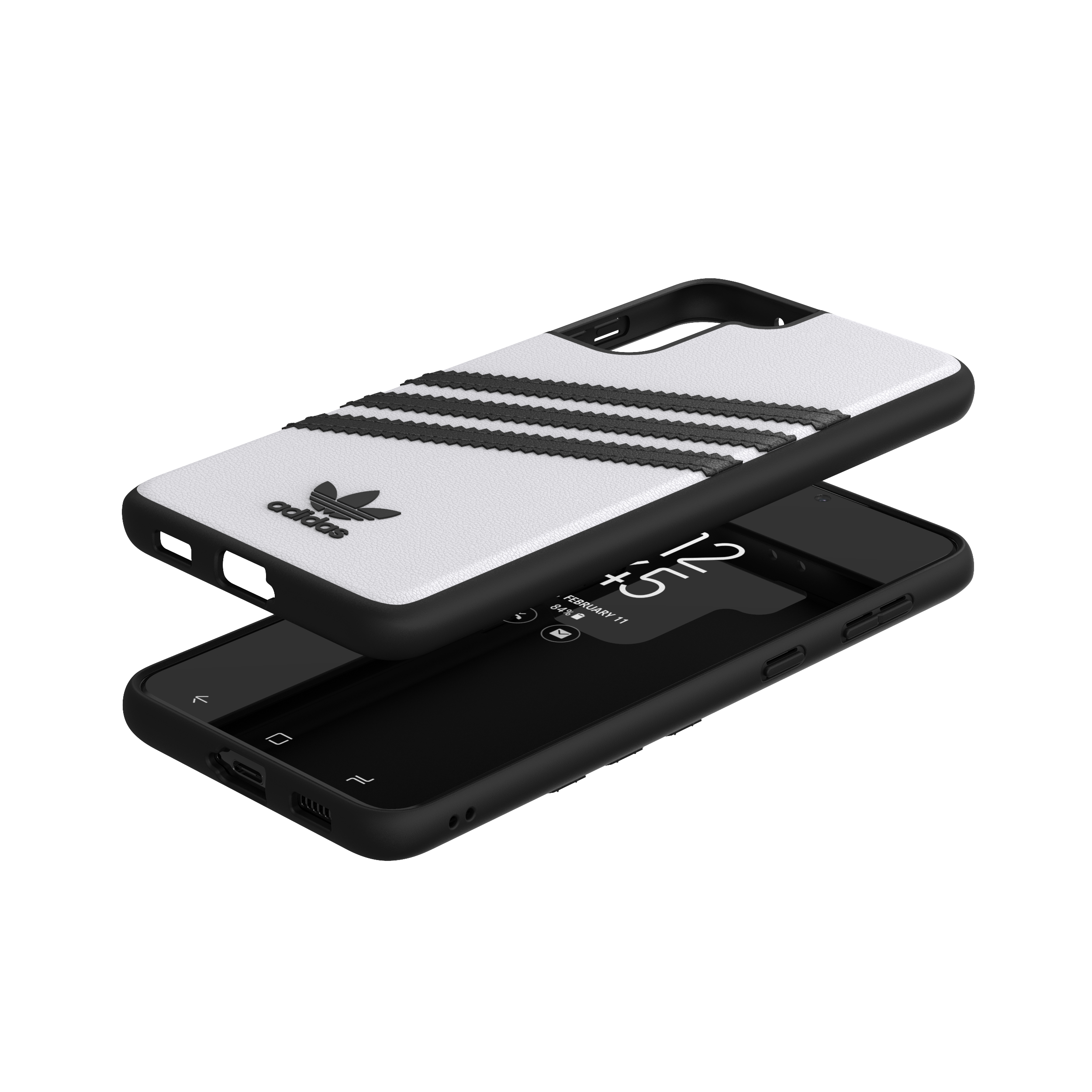Adidas Handyhülle auf einem schwarzen Telefon, teilweise geöffnet.