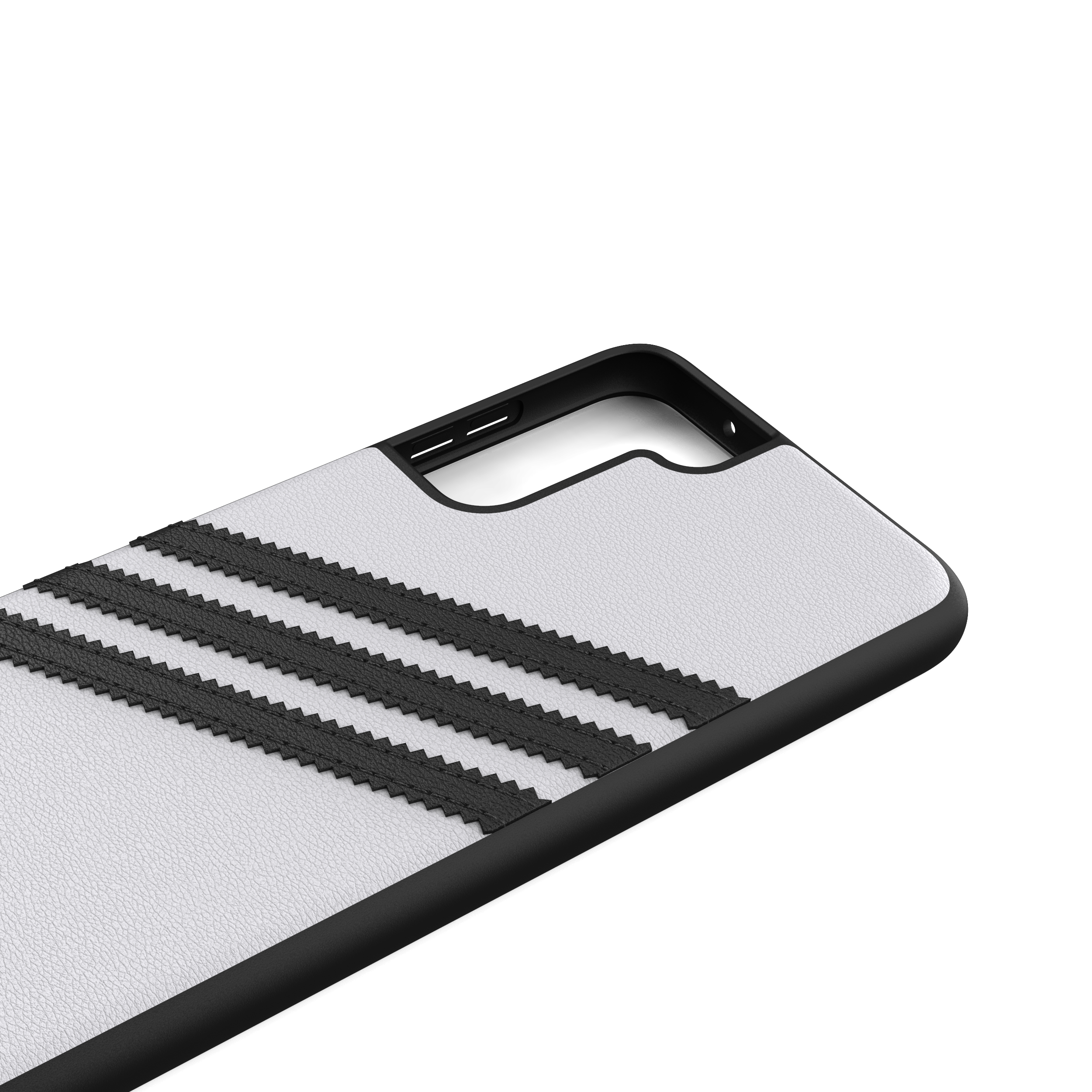 Weiße Handyhülle mit schwarzen Adidas-Streifen.
