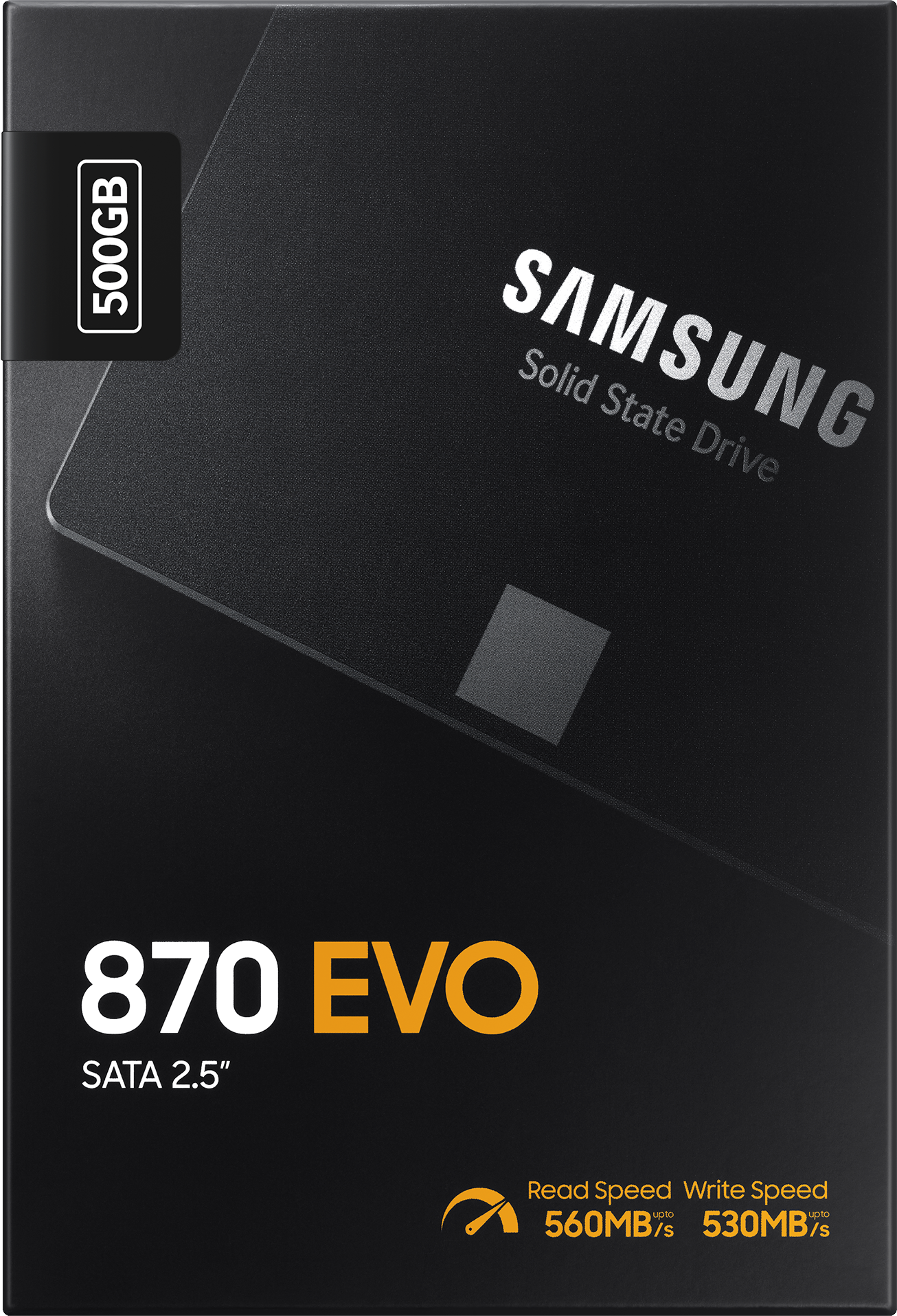 SSD Samsung 870 EVO noir avec texte: '500Go', 'SATA 2.5', 'Vitesse de lecture 560Mo/s' et 'Écriture 530Mo/s'.
