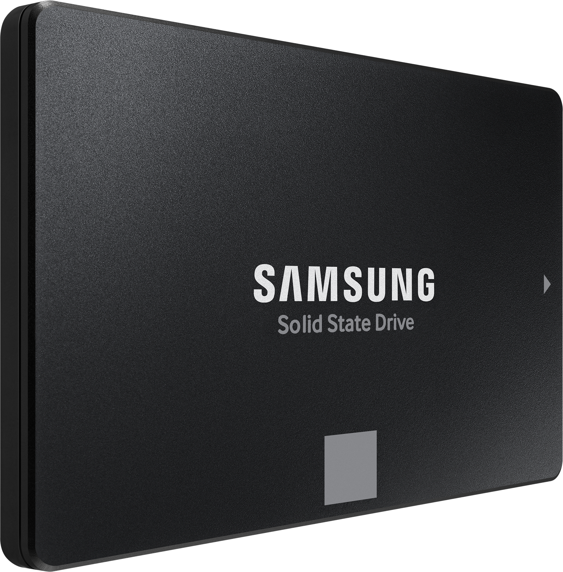 Disque SSD noir avec logo SAMSUNG blanc, vue en angle.