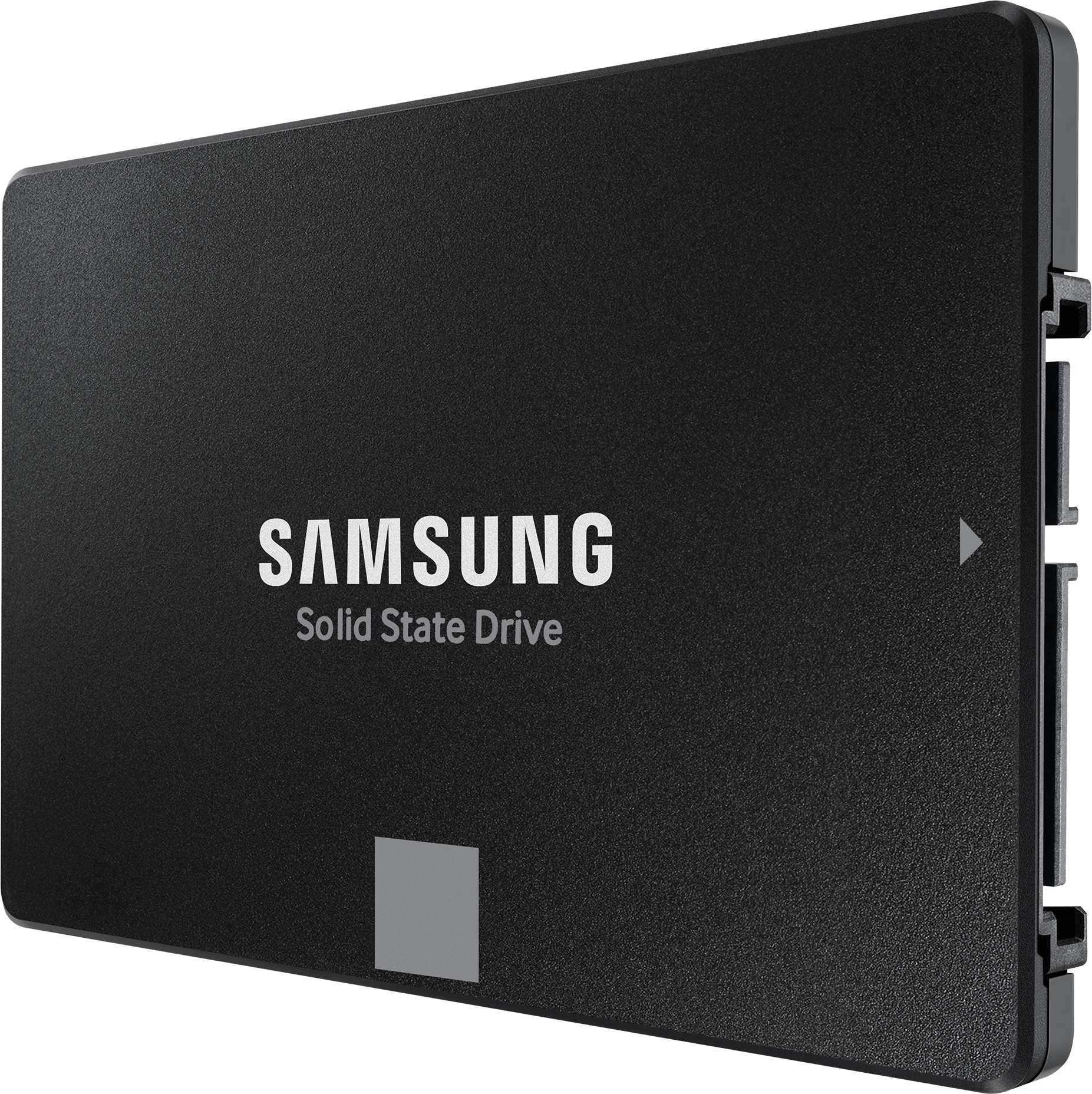 Disque SSD Samsung noir. Texte Samsung blanc sur le devant. Carré gris en bas. Bords et côté noirs.