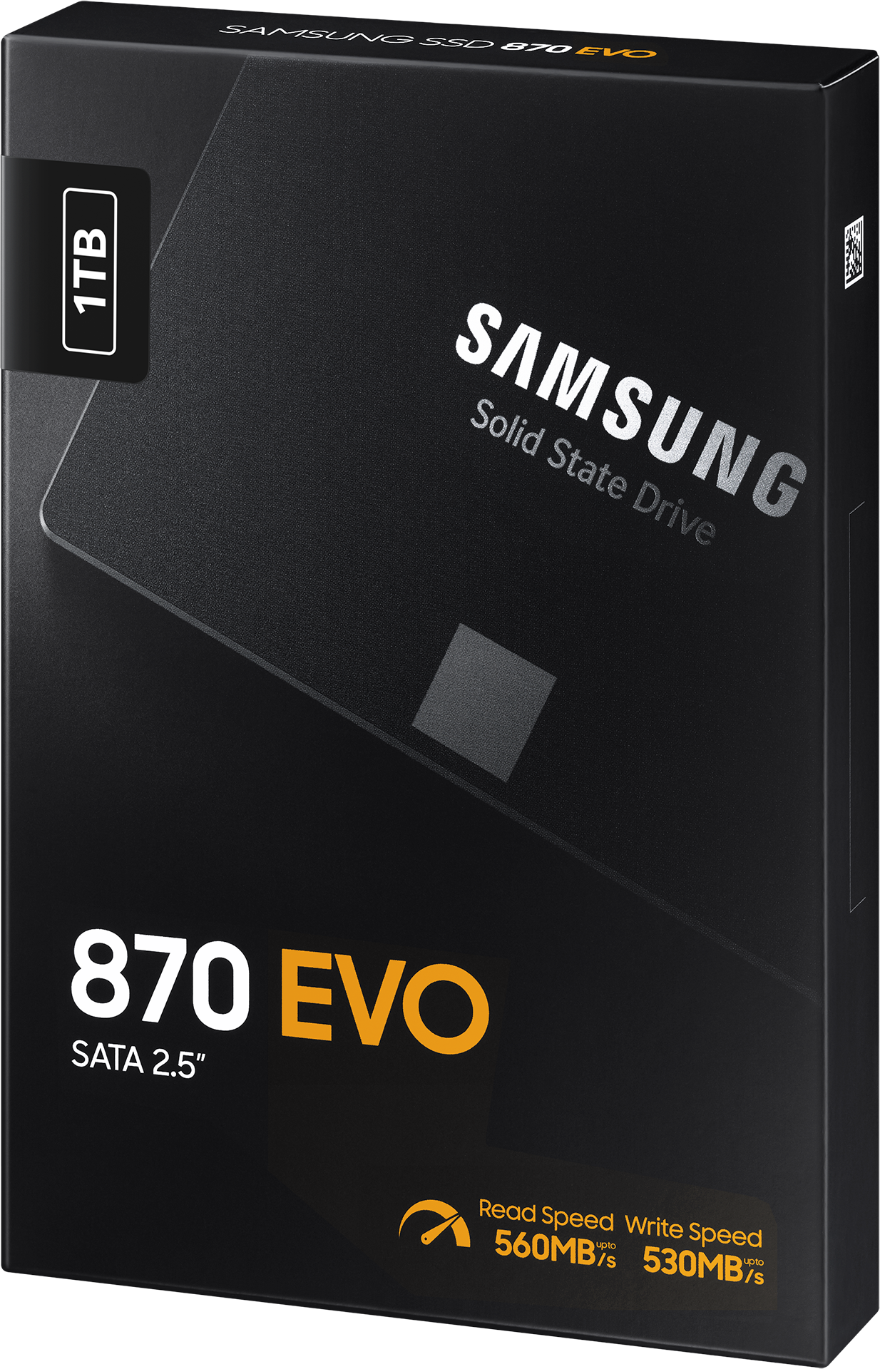 Un disque SSD noir de 1 To dans sa boîte.