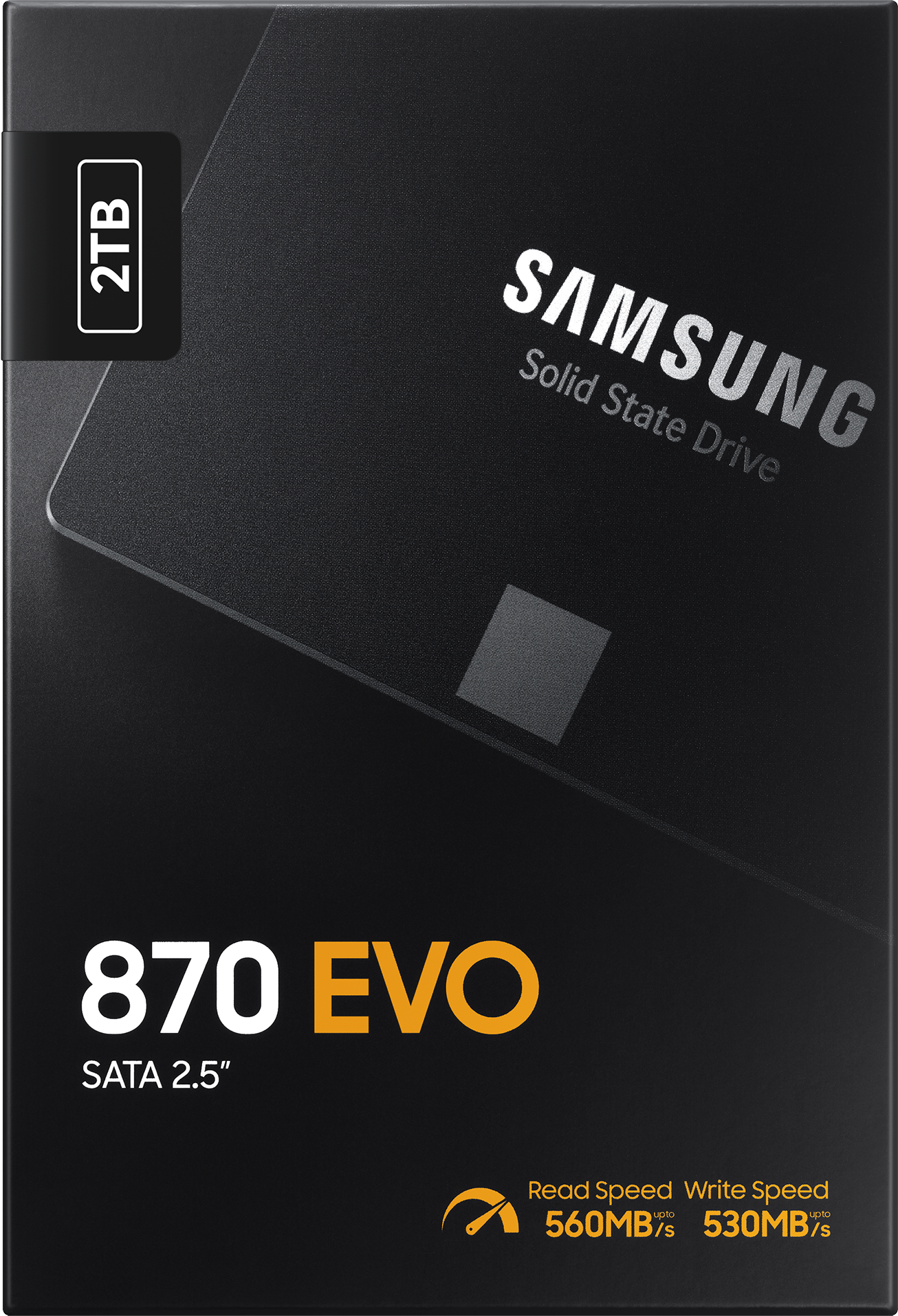 Eine schwarze Samsung 870 EVO SSD mit einem 2TB-Aufkleber.