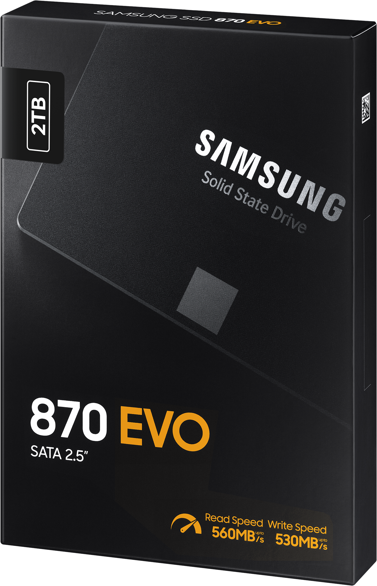 Schwarze Samsung 870 EVO SSD-Box. Mit 2TB-Etikett und Produktname.
