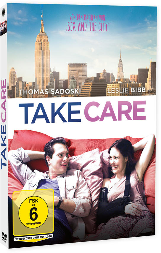 DVD-Cover für den Film "Take Care". Es zeigt ein Paar, das Empire State Building und den Filmtitel.