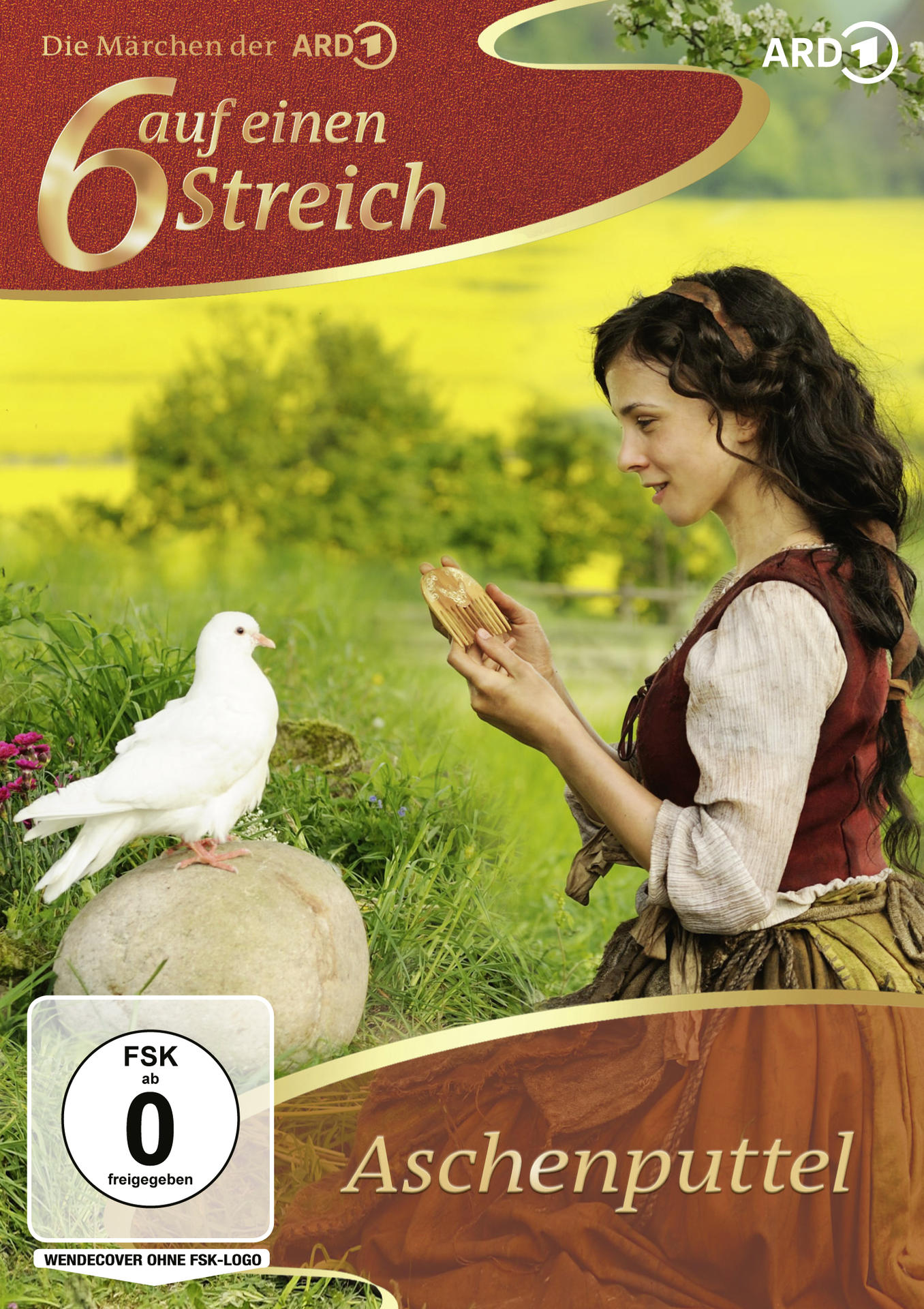DVD-Cover von '6 auf einen Streich'. Eine Frau und eine weiße Taube auf einem Felsen. Grüner Hintergrund.