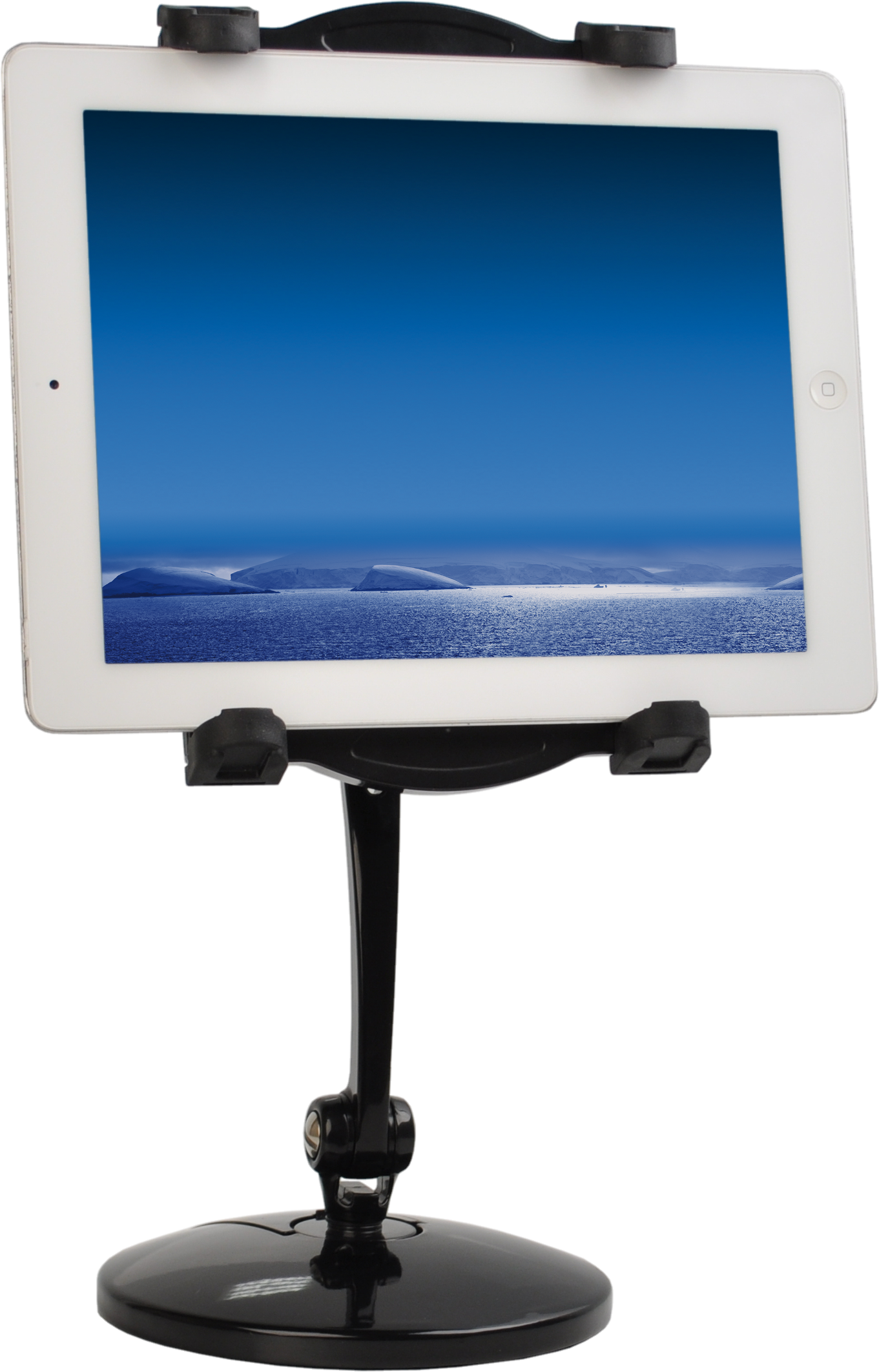 Tablet op een standaard, met een scène van blauwe lucht en water.