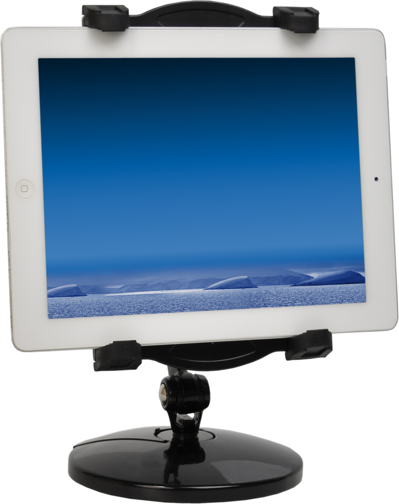 Tablet op zwarte standaard, scherm toont blauwe lucht boven besneeuwd landschap.