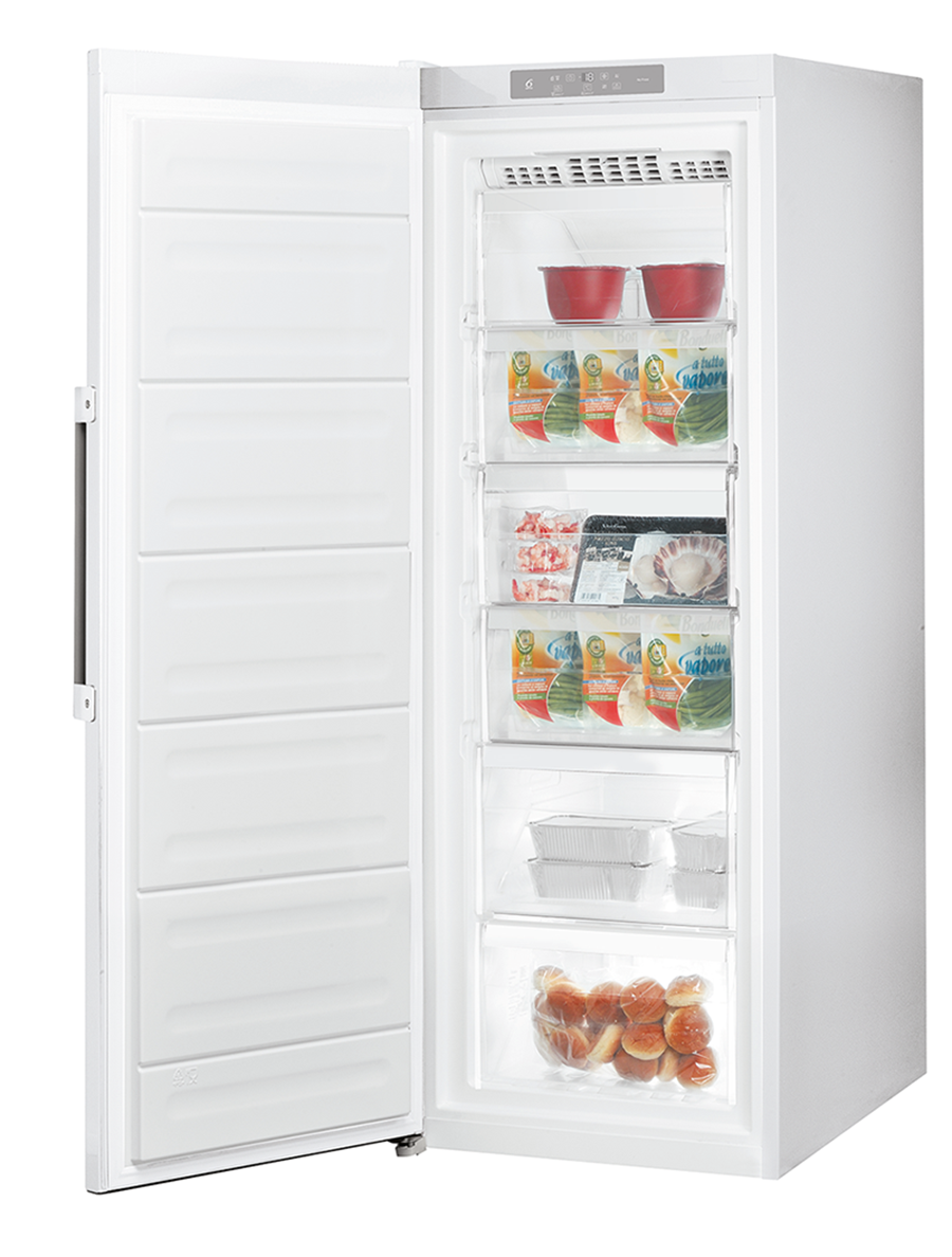 White freezer with open door, showing shelves with food items inside.