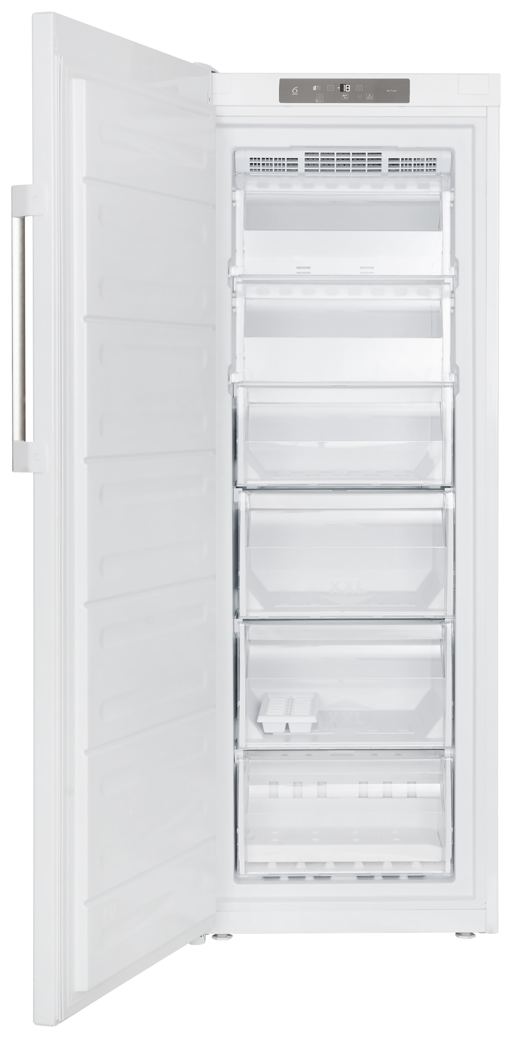 A white freezer with its door open, showing drawers inside.