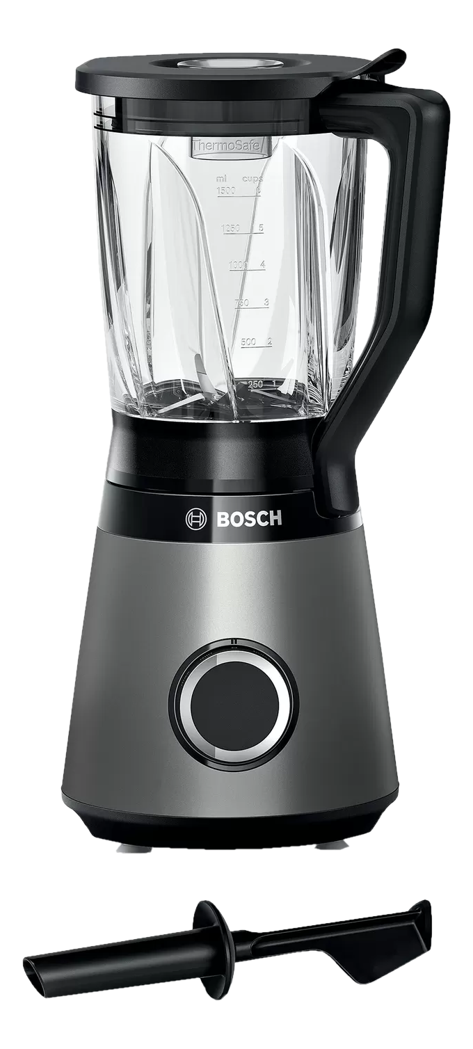 Bosch-Mixer, dunkelgraue Basis, Glasbehälter mit schwarzem Griff und schwarzem Reinigungswerkzeug.