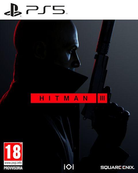 Portada de videojuego: Un hombre con un arma, el título 'Hitman III'.
