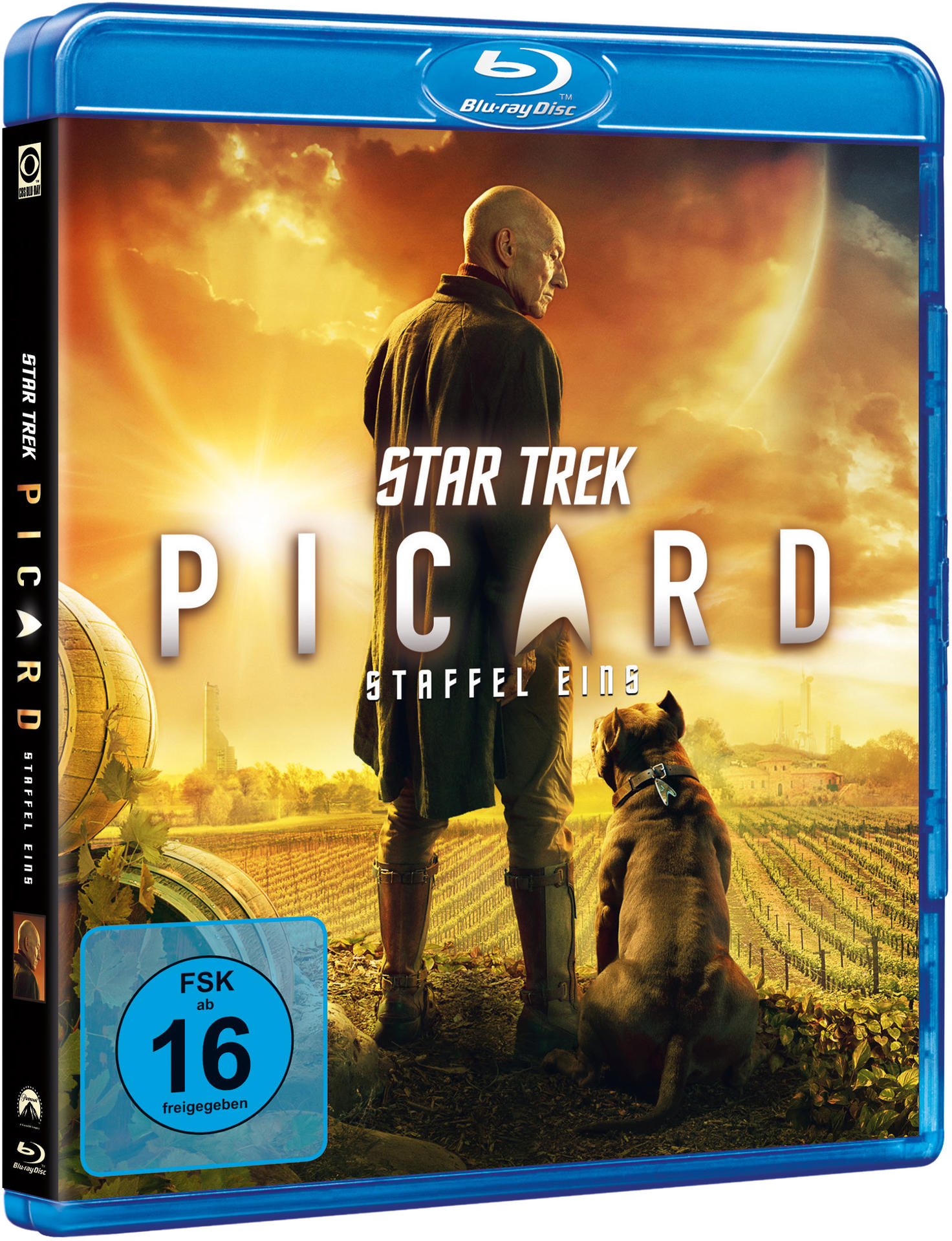 Blu-ray-Hülle für Star Trek Picard, mit Picard und Hund auf einem Weinberg.