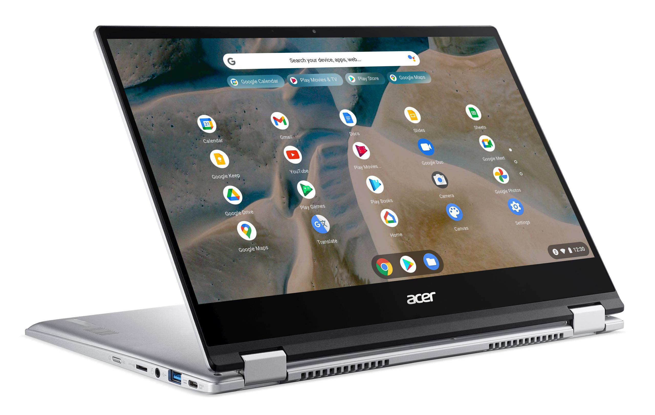 Laptop geöffnet, Google-Suchleiste sichtbar, auf weißer Oberfläche.