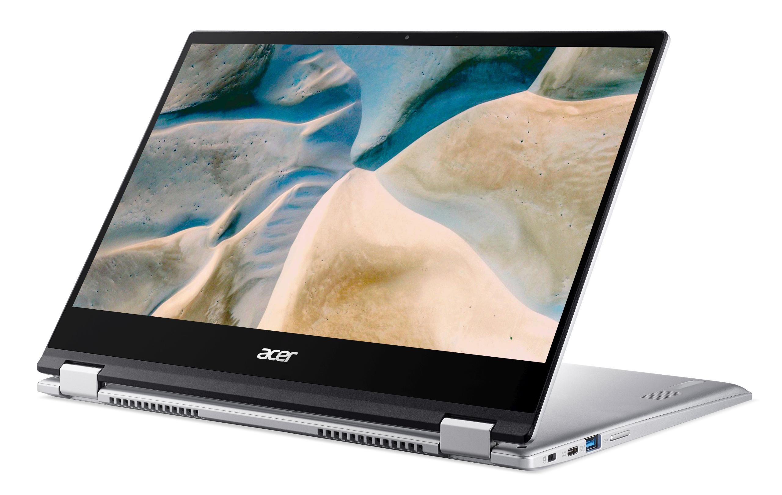 Silberner Acer-Laptop, geöffnet, um ein Landschaftsbild zu zeigen. Es befindet sich auf weißem Hintergrund.