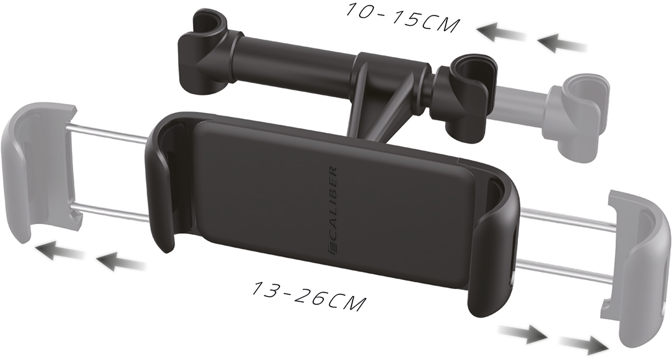 Black phone holder for a car, with dimensions text.