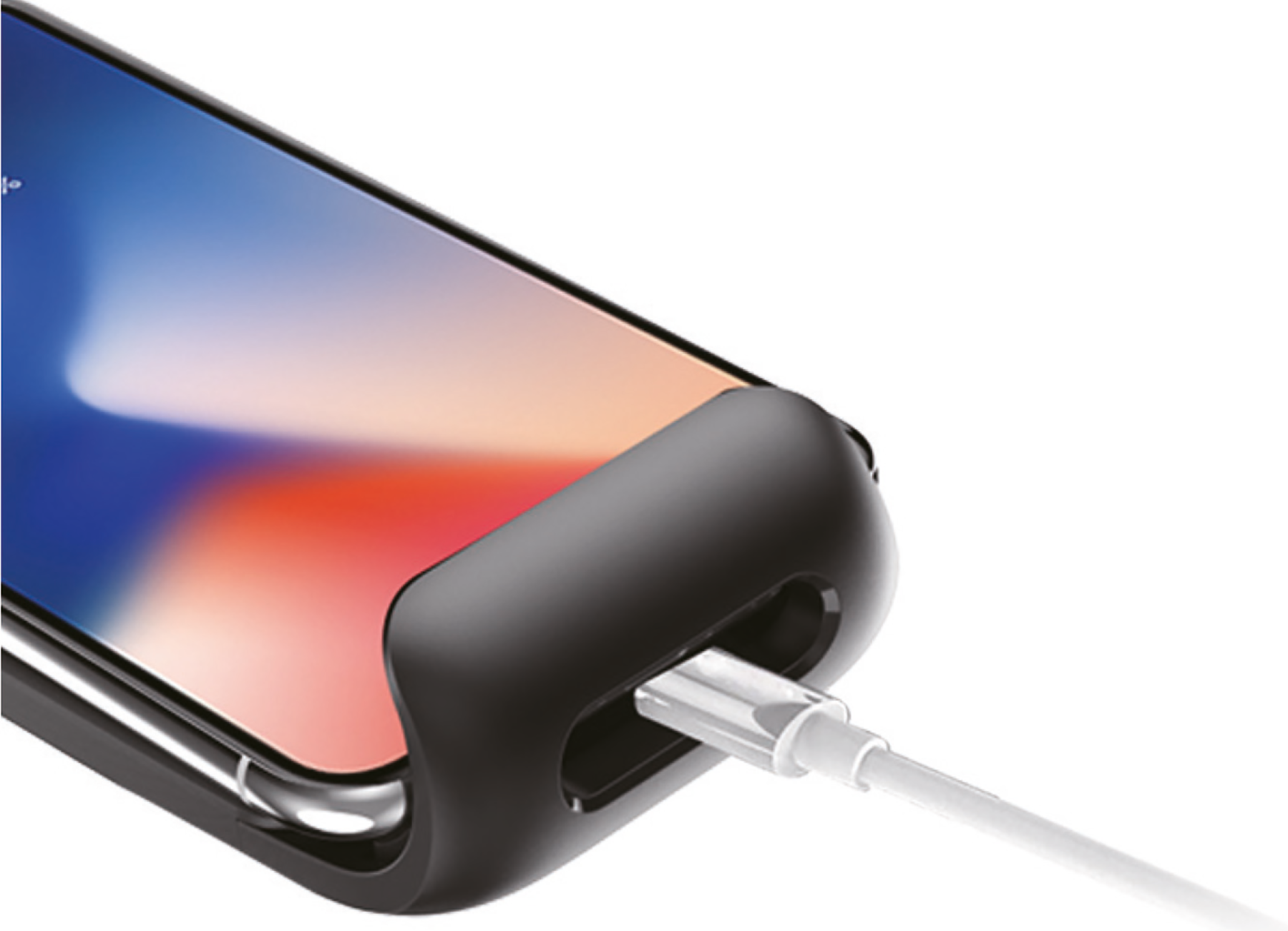 Phone charging. Black phone case with a charging cable plugged in.