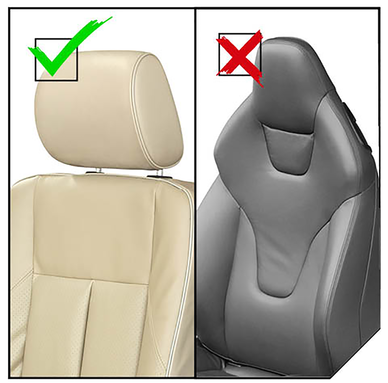 Car seat comparison. Beige seat with checkmark. Gray seat with X mark.