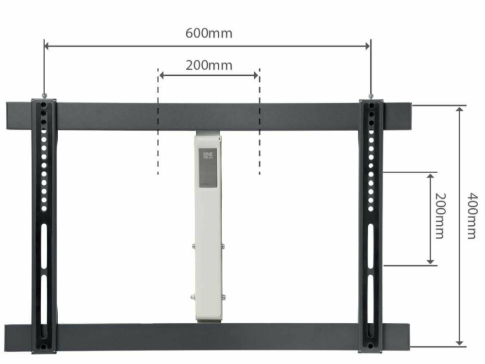 Soporte TV con dimensiones. Dos soportes verticales y un soporte central blanco.