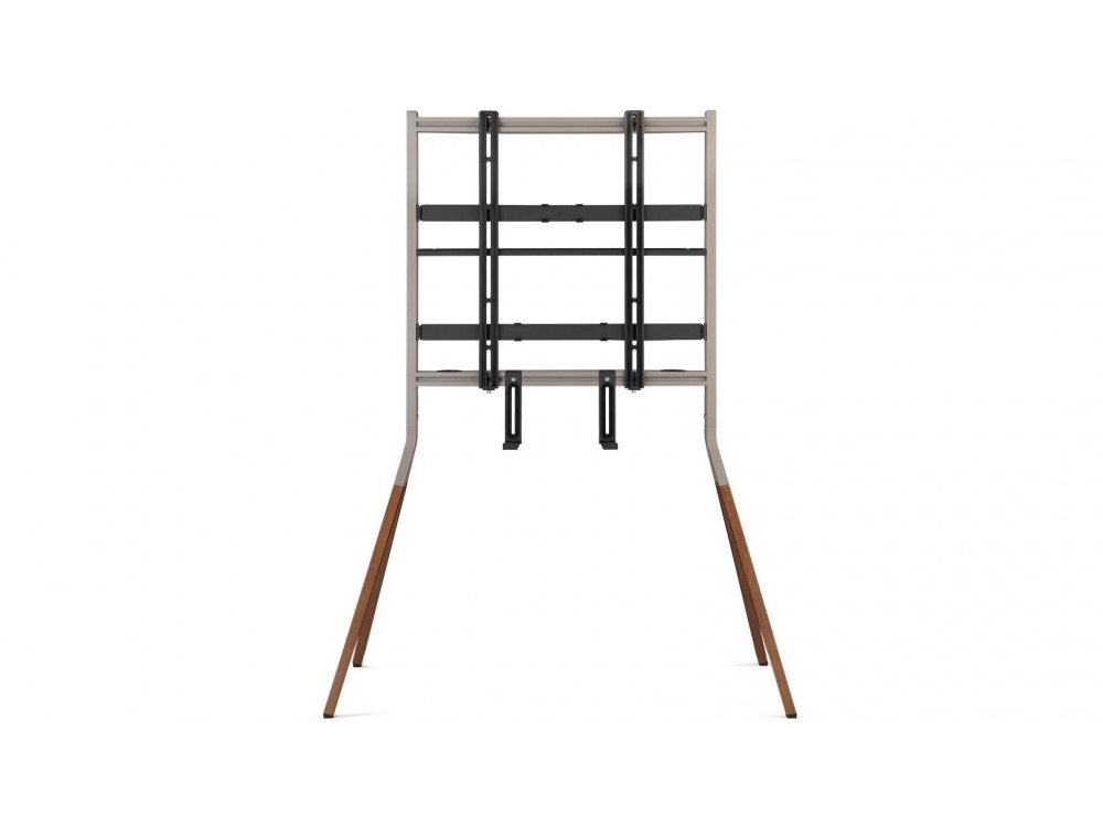Soporte de TV con patas de madera y marco de metal.