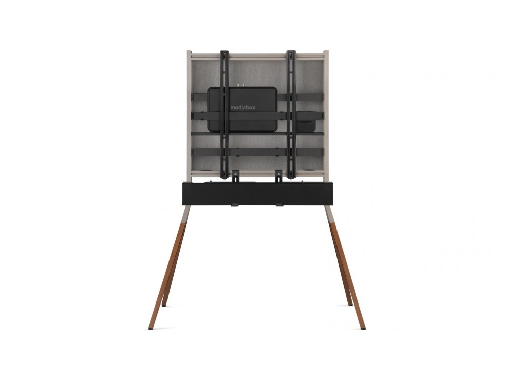 La parte posterior de un soporte de TV con un soporte de TV. El soporte tiene patas de madera.
