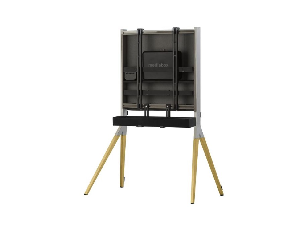 Soporte de TV con patas de madera. Caja multimedia negra. Patas de madera y un estante negro. Aislado sobre fondo blanco.
