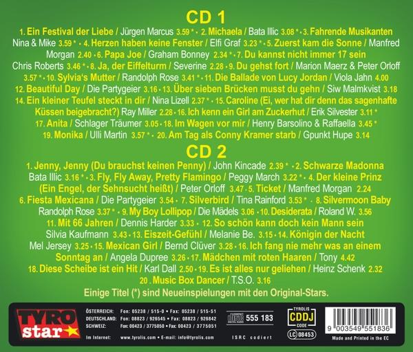 Ein CD-Cover mit deutschen Songtiteln, grünem Hintergrund und dem Tyro Star-Logo unten links.