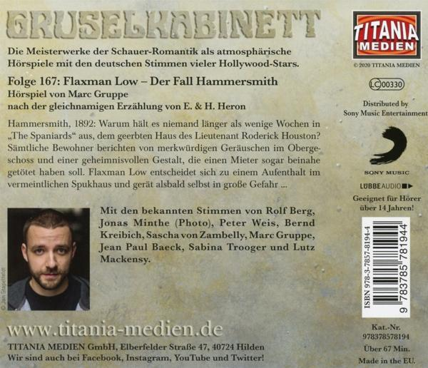 CD-Cover: Porträt eines Mannes, Text, dunkler Hintergrund, deutscher Text, Titel 'Gruselkabinett'.
