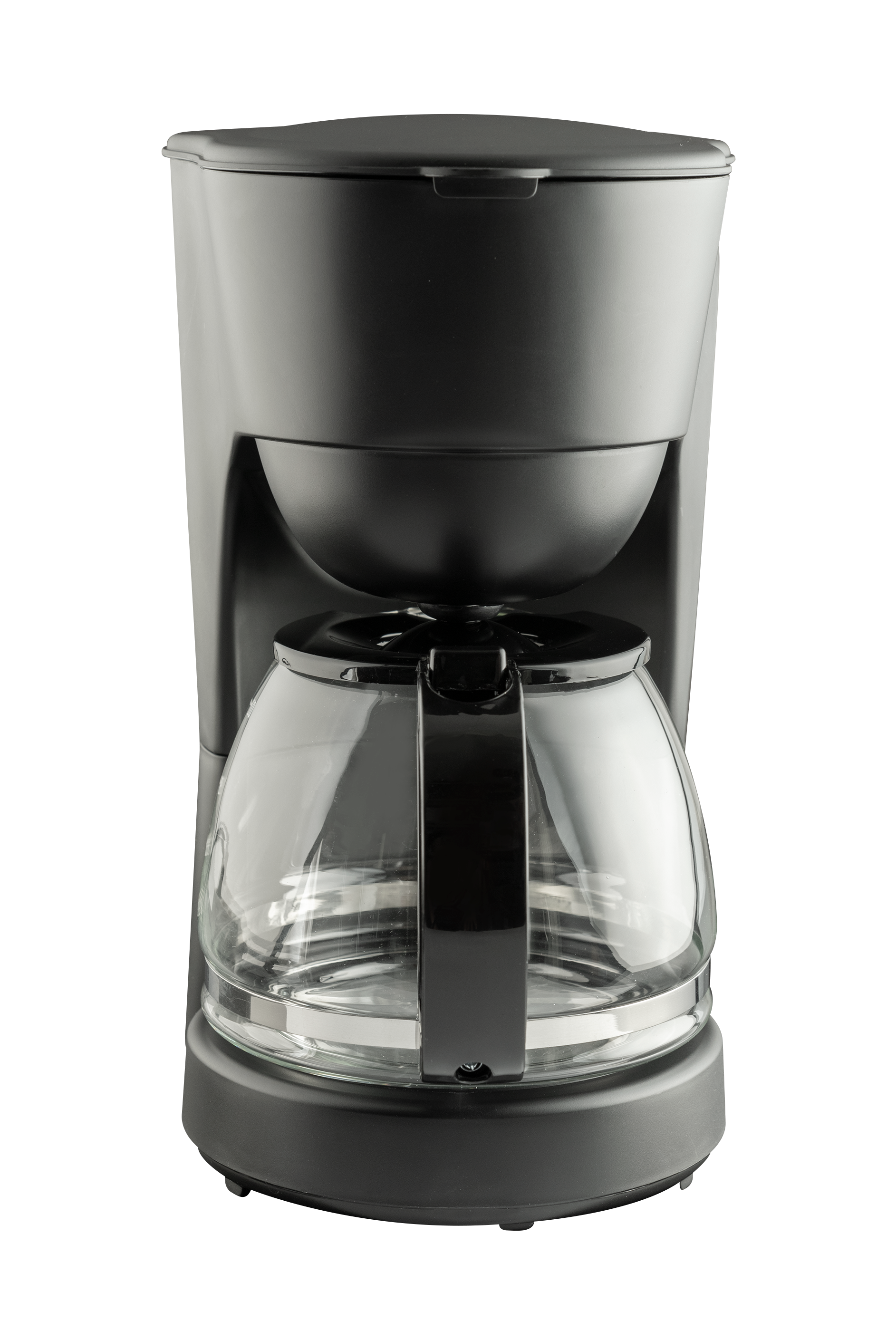 Schwarze Kaffeemaschine. Die Glaskaraffe ist vorne. Der Deckel befindet sich oben und ein Griff an der Seite.