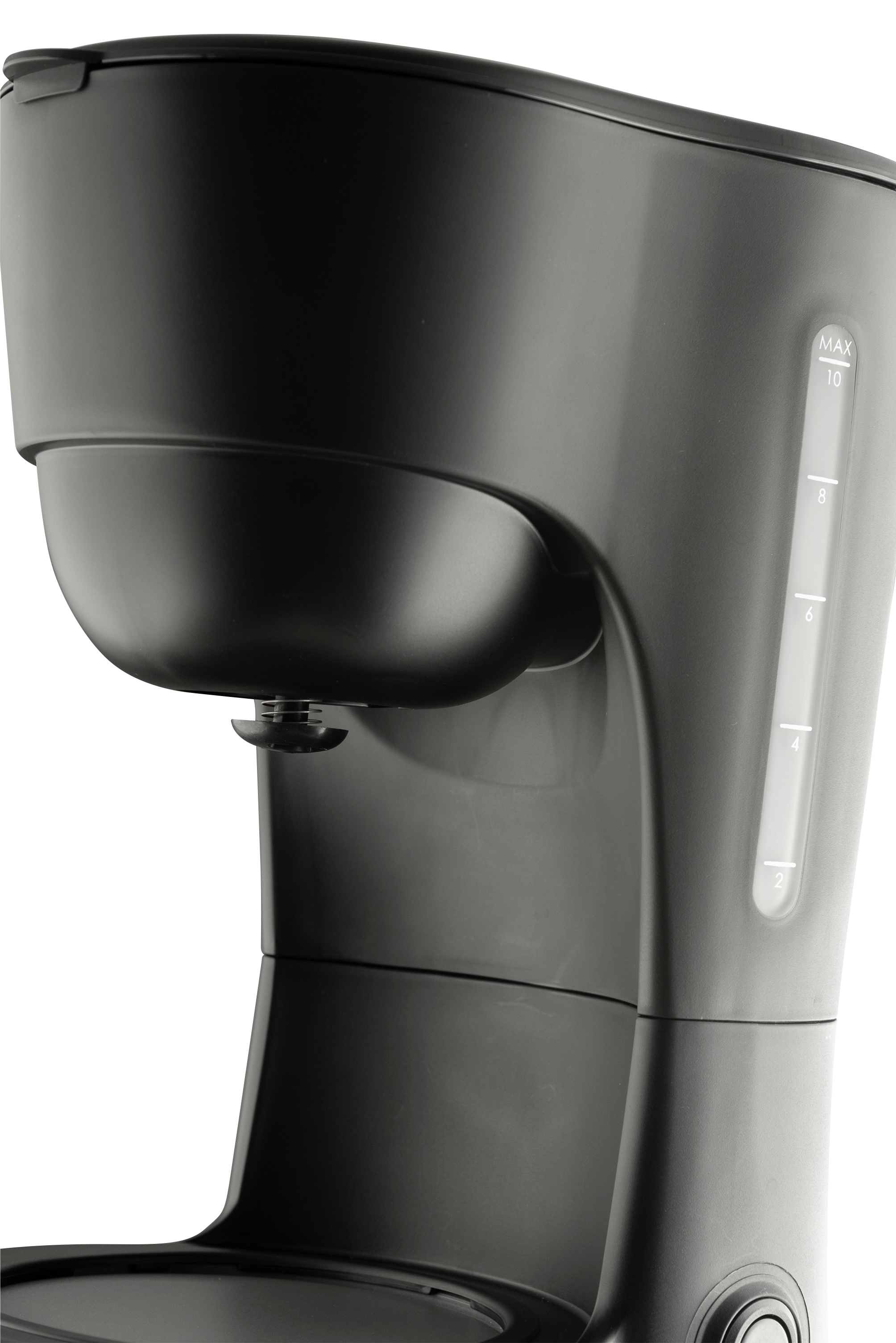 Nahaufnahme eines schwarzen Kaffeeautomaten. Wasserstandsanzeige. Schwarzer Körper. Schwarzer Hintergrund.