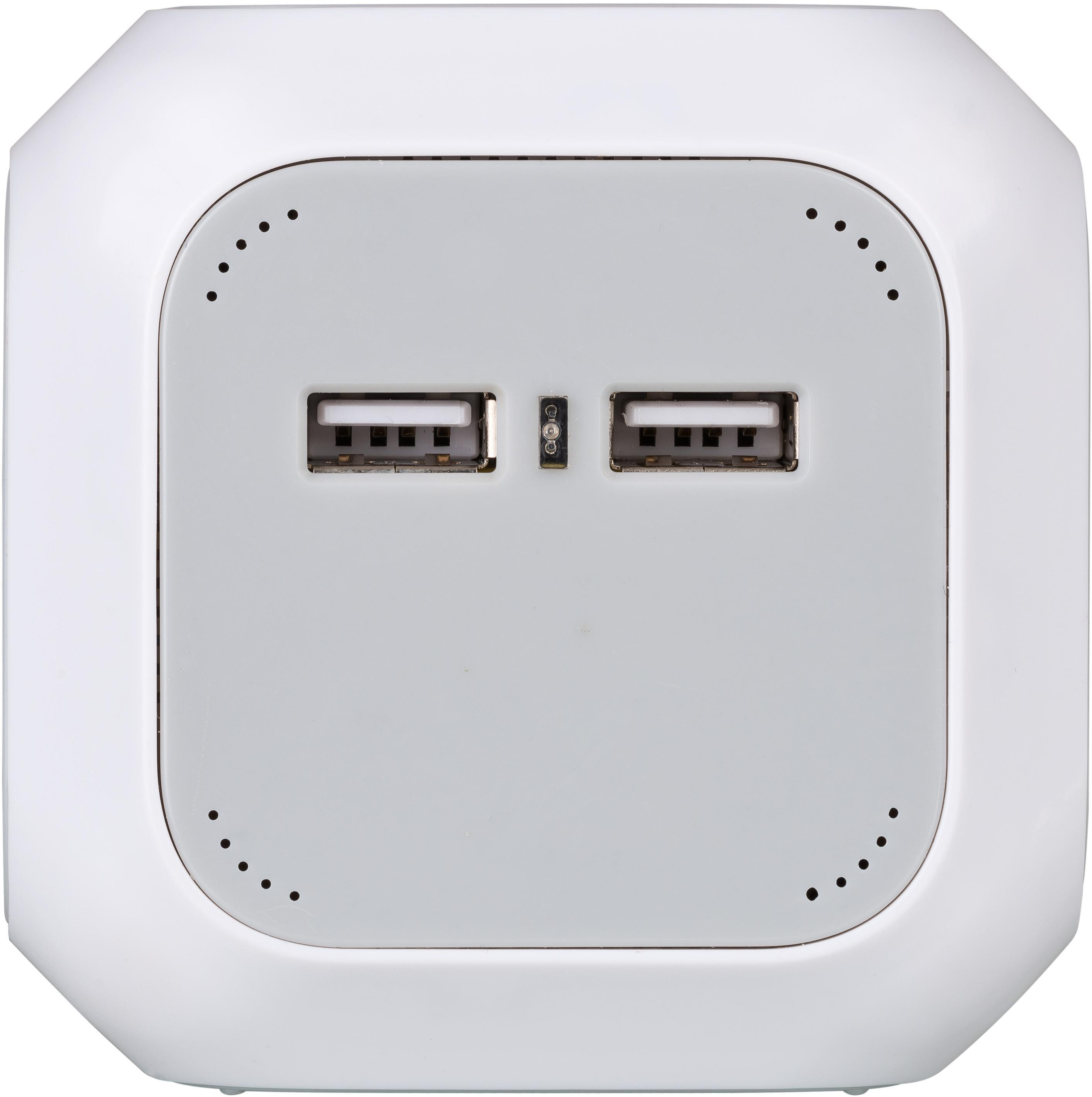 Weißes USB-Ladegerät mit zwei Anschlüssen. Es hat ein quadratisches Design mit abgerundeten Ecken und Punkten.