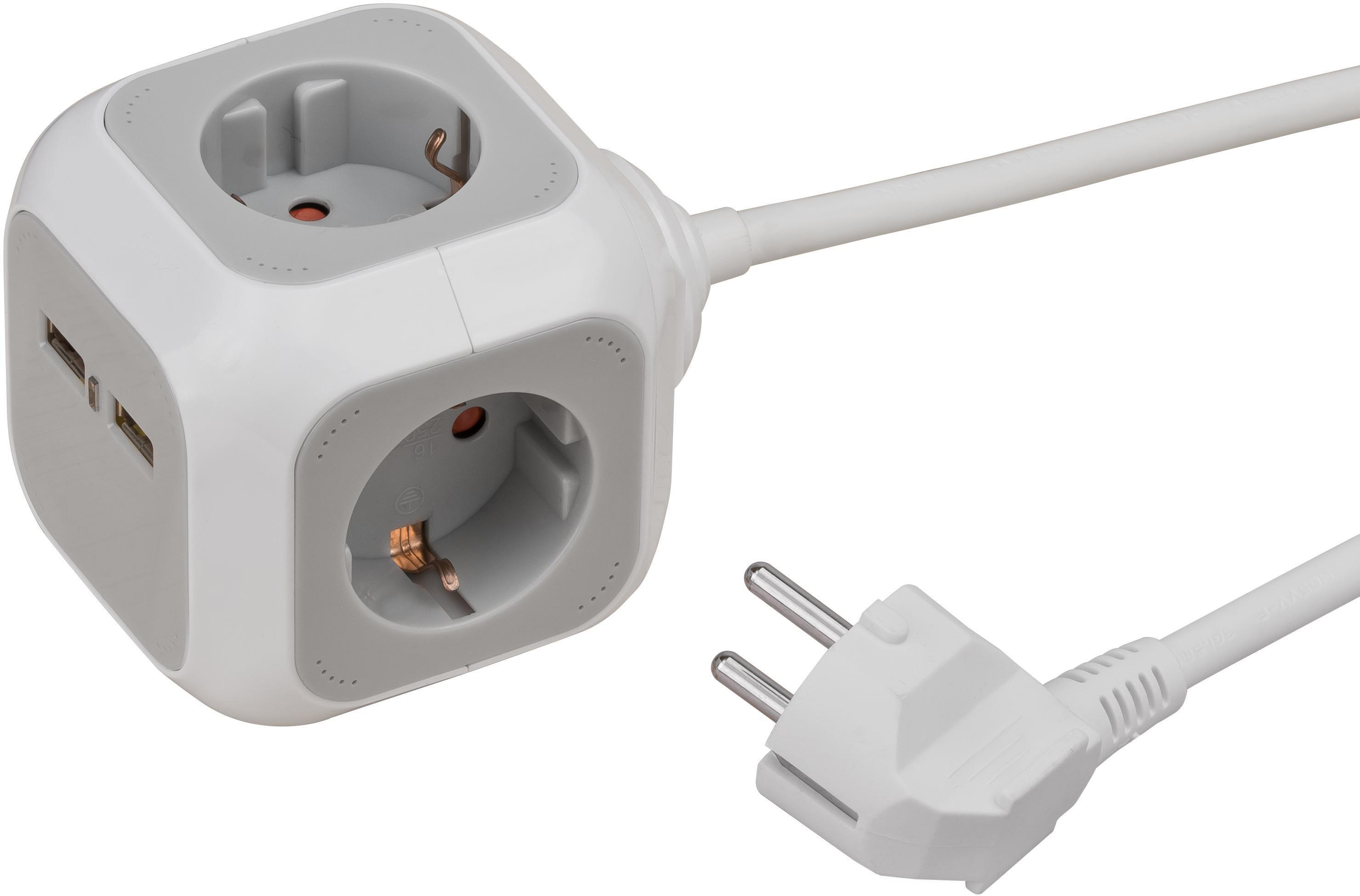 Eine weiß-graue Steckdosenleiste mit drei Steckdosen und zwei USB-Anschlüssen. Ein Stecker ist angeschlossen.