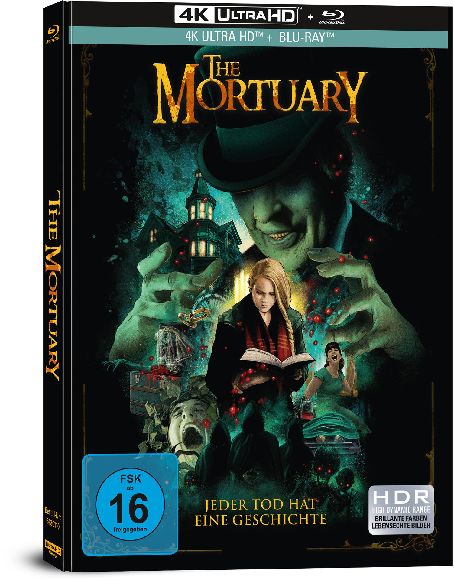 Filmhülle: The Mortuary. Enthält eine gruselige Illustration mit deutschem Text.
