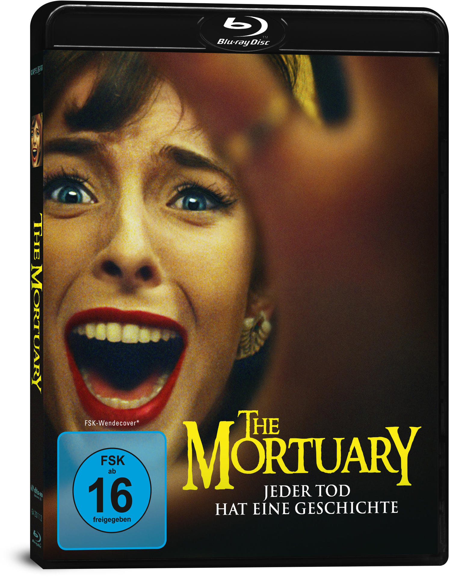 DVD-Cover für 'The Mortuary'. Eine Frau schreit. Titel und Altersfreigabe sind sichtbar.