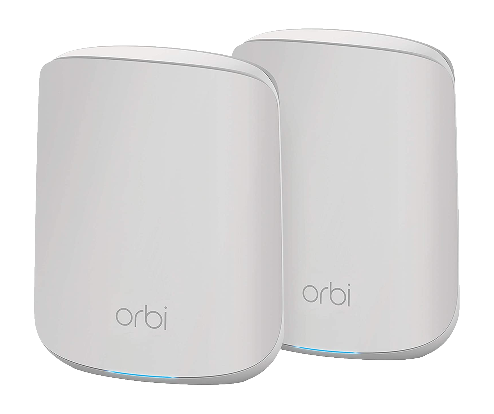 Zwei weiße, zylindrische Orbi Mesh WiFi Router. Das Orbi-Logo ist auf jedem sichtbar. Die Front hat ein blaues Licht.