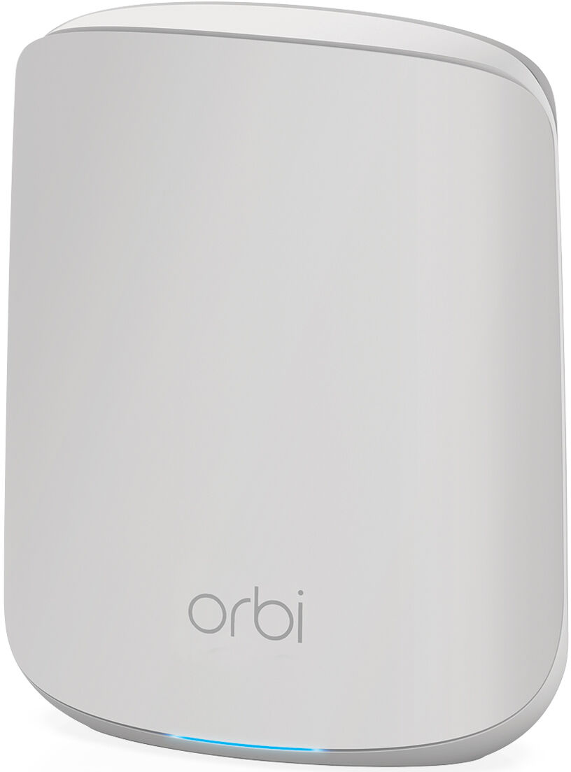 Ein weißer Orbi WLAN-Router mit silberner Zierleiste. Unten leuchtet ein blaues Licht.