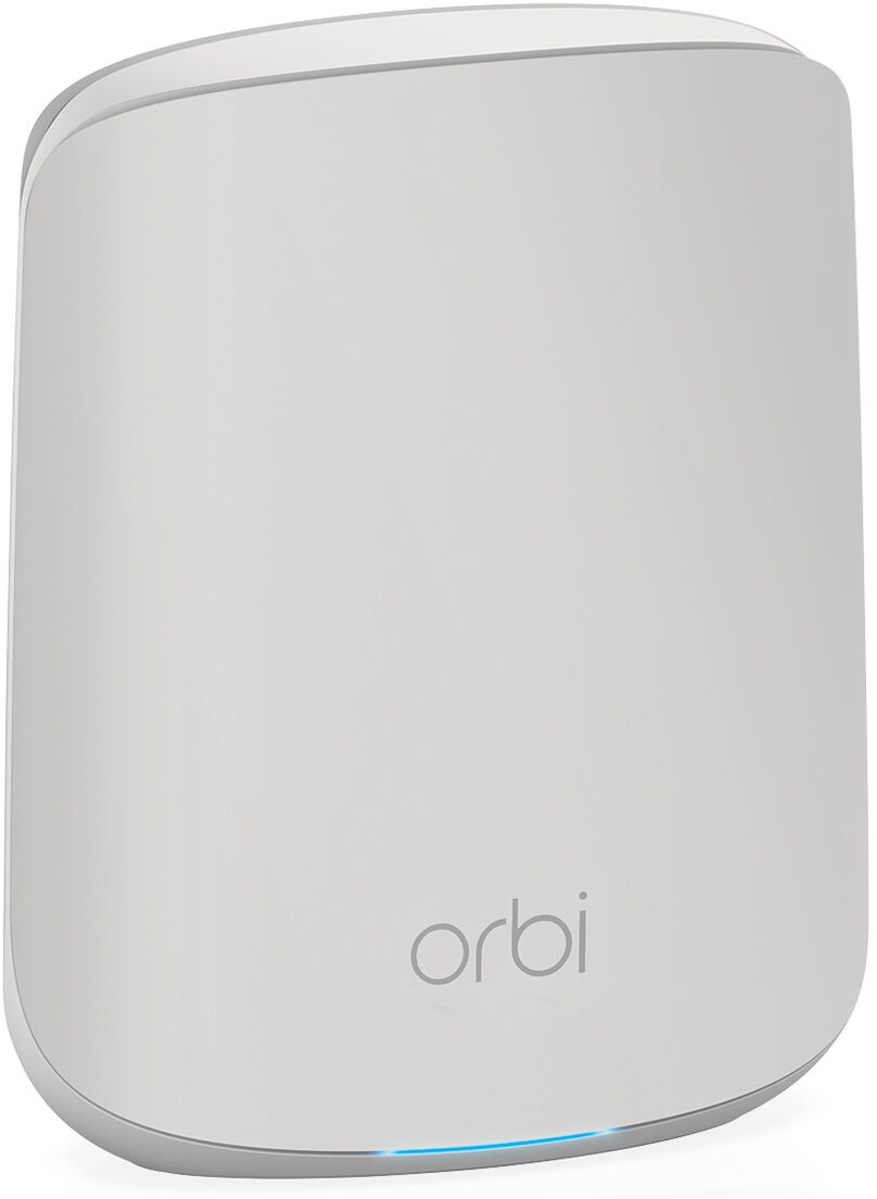Weißer Orbi WLAN-Router. Die Marke ist Orbi, das Gerät ist weiß.