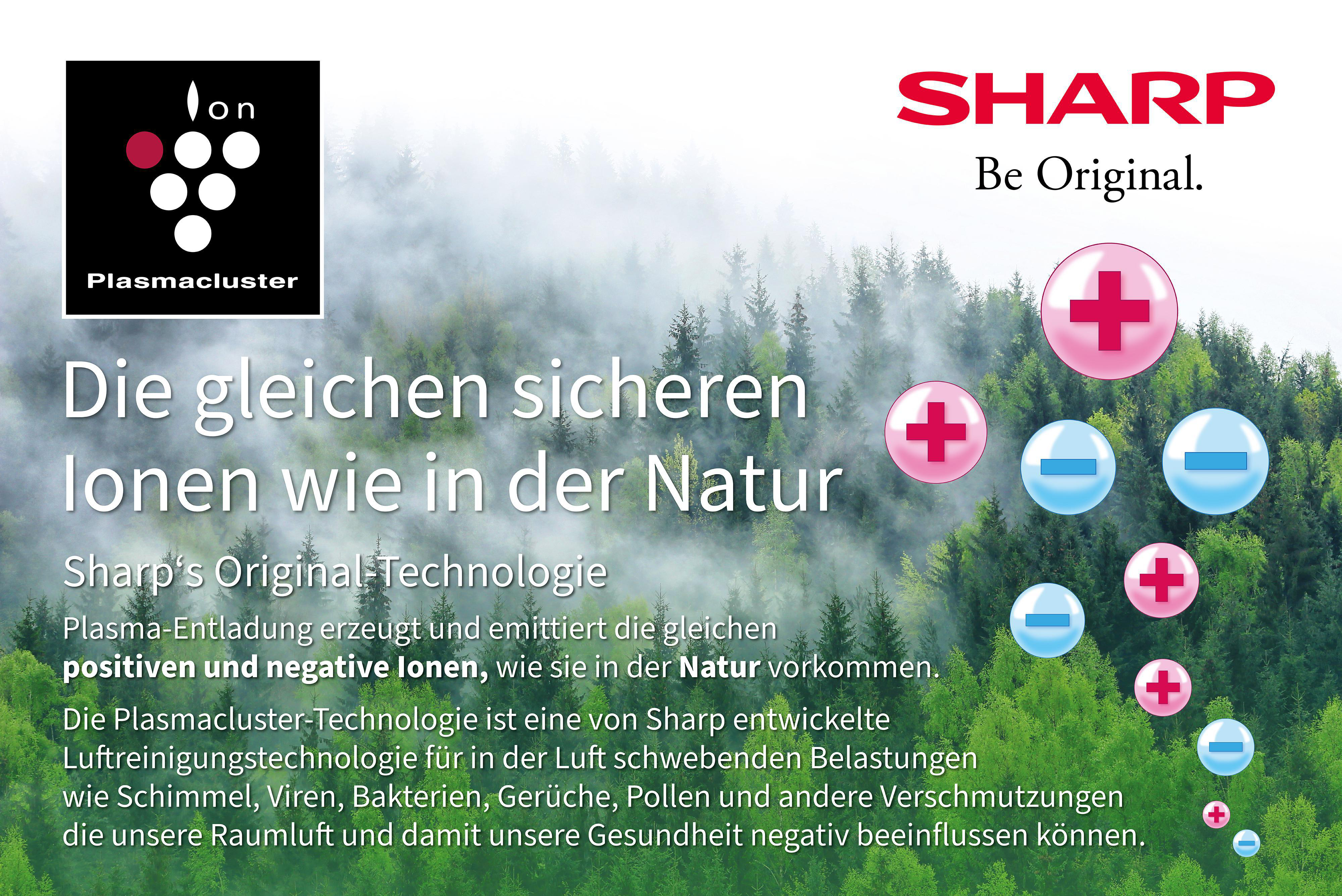 Sharp-Werbung mit grünem Wald, rosa und blauen Ionen und Text auf Deutsch.