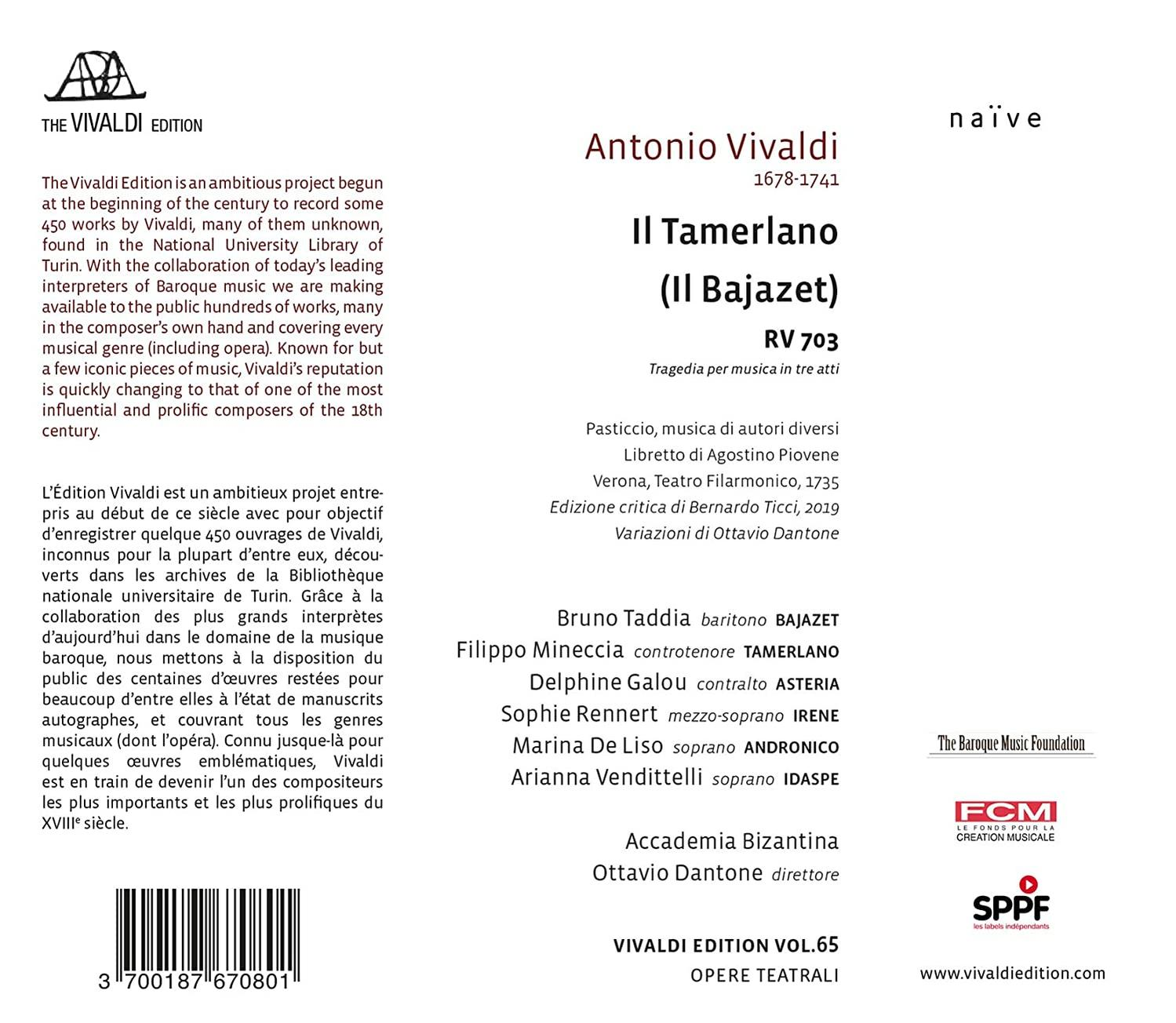 Buchcover mit Text und Illustrationen. Titel ist Il Tamerlano (II Bajazet) von Antonio Vivaldi.